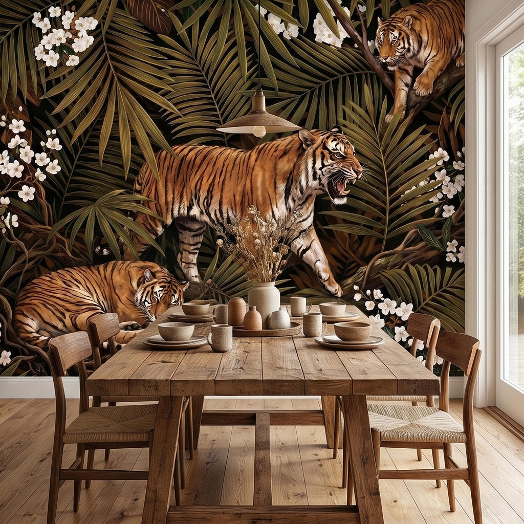 Tigers and Palm Leaves Peel and Stick Wall Mural, Dark Olive Jungle Botanical with White Blossoms Moody Noir Tropical Tiger Animal Wallpaper