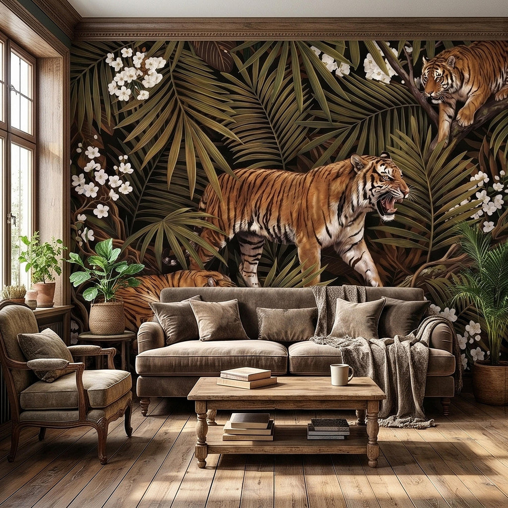 Tigers and Palm Leaves Peel and Stick Wall Mural, Dark Olive Jungle Botanical with White Blossoms Moody Noir Tropical Tiger Animal Wallpaper