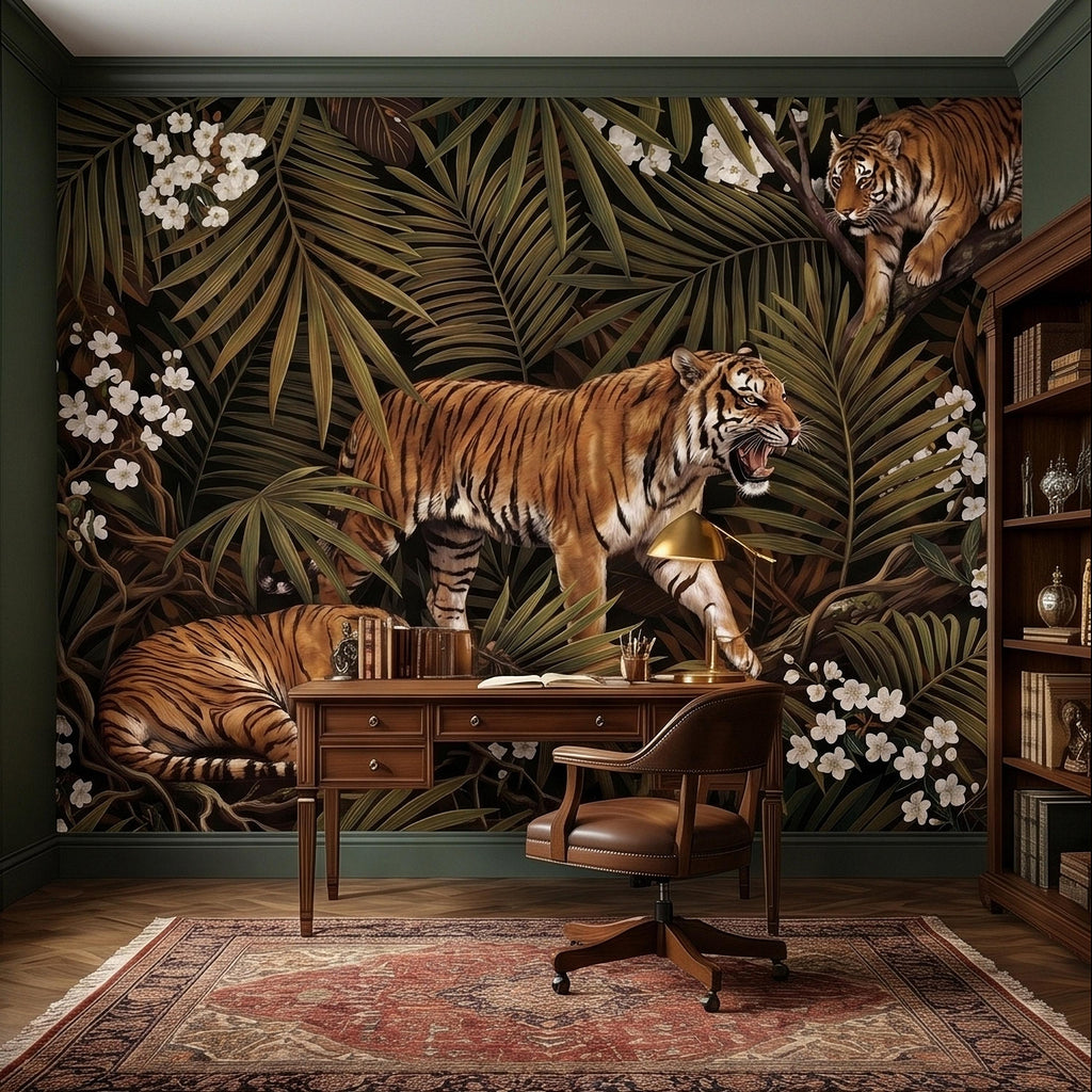Tigers and Palm Leaves Peel and Stick Wall Mural, Dark Olive Jungle Botanical with White Blossoms Moody Noir Tropical Tiger Animal Wallpaper