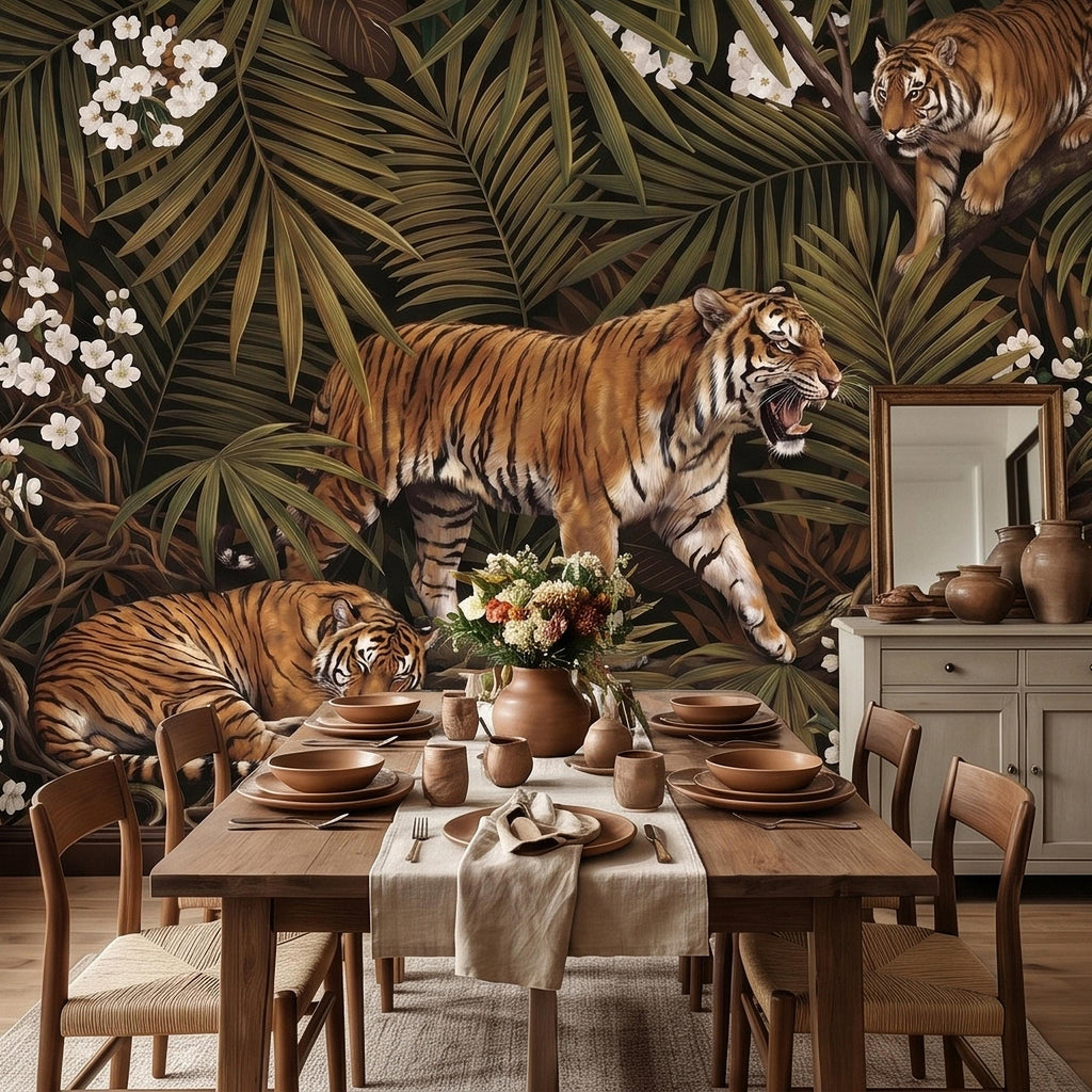 Tigers and Palm Leaves Peel and Stick Wall Mural, Dark Olive Jungle Botanical with White Blossoms Moody Noir Tropical Tiger Animal Wallpaper