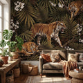 Tigers and Palm Leaves Peel and Stick Wall Mural, Dark Olive Jungle Botanical with White Blossoms Moody Noir Tropical Tiger Animal Wallpaper