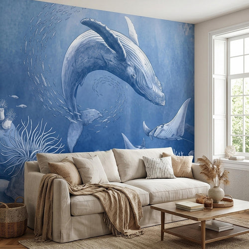 Blue Whale and Stingray Peel and Stick Wall Mural, Vintage Nautical Ocean Toile with Coral, Fish and Sea Life, Coastal Blue Etched Wallpaper - The Fine Art Murals