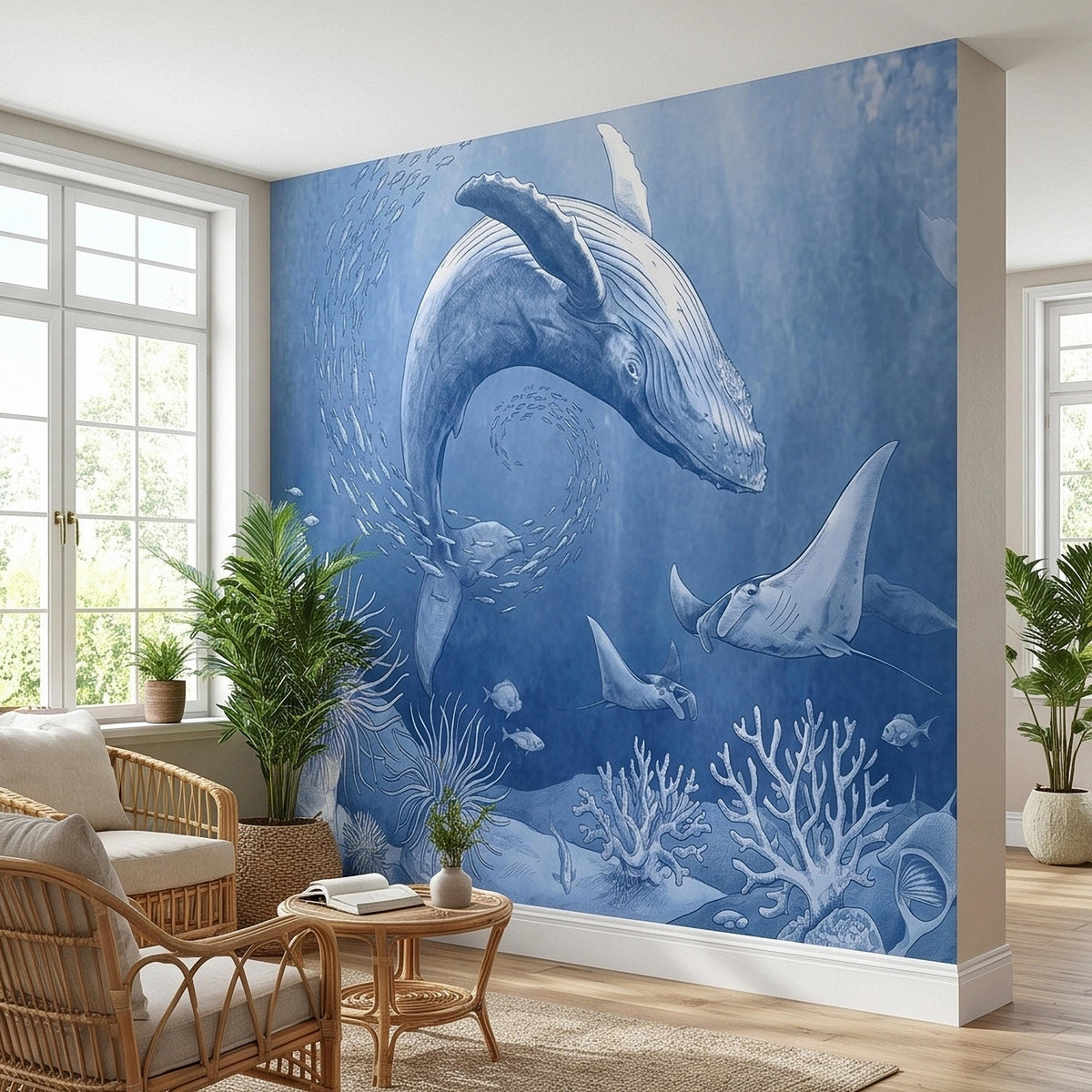 Blue Whale and Stingray Peel and Stick Wall Mural, Vintage Nautical Ocean Toile with Coral, Fish and Sea Life, Coastal Blue Etched Wallpaper - The Fine Art Murals