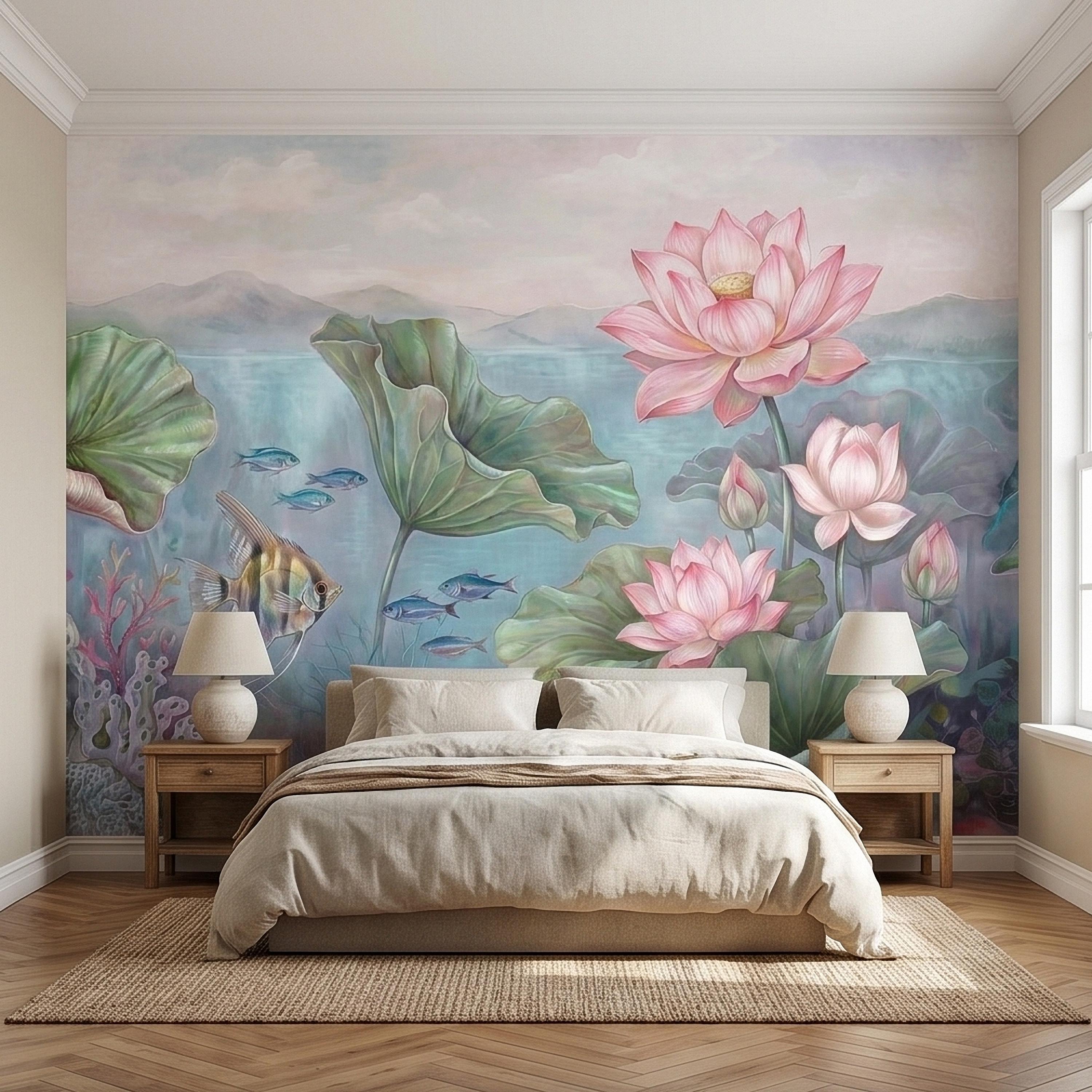 Underwater Lotus and Fish Peel and Stick Wall Mural, Pastel Water Lily Pond with Coral and Angelfish, Soft Coastal Botanical Wallpaper