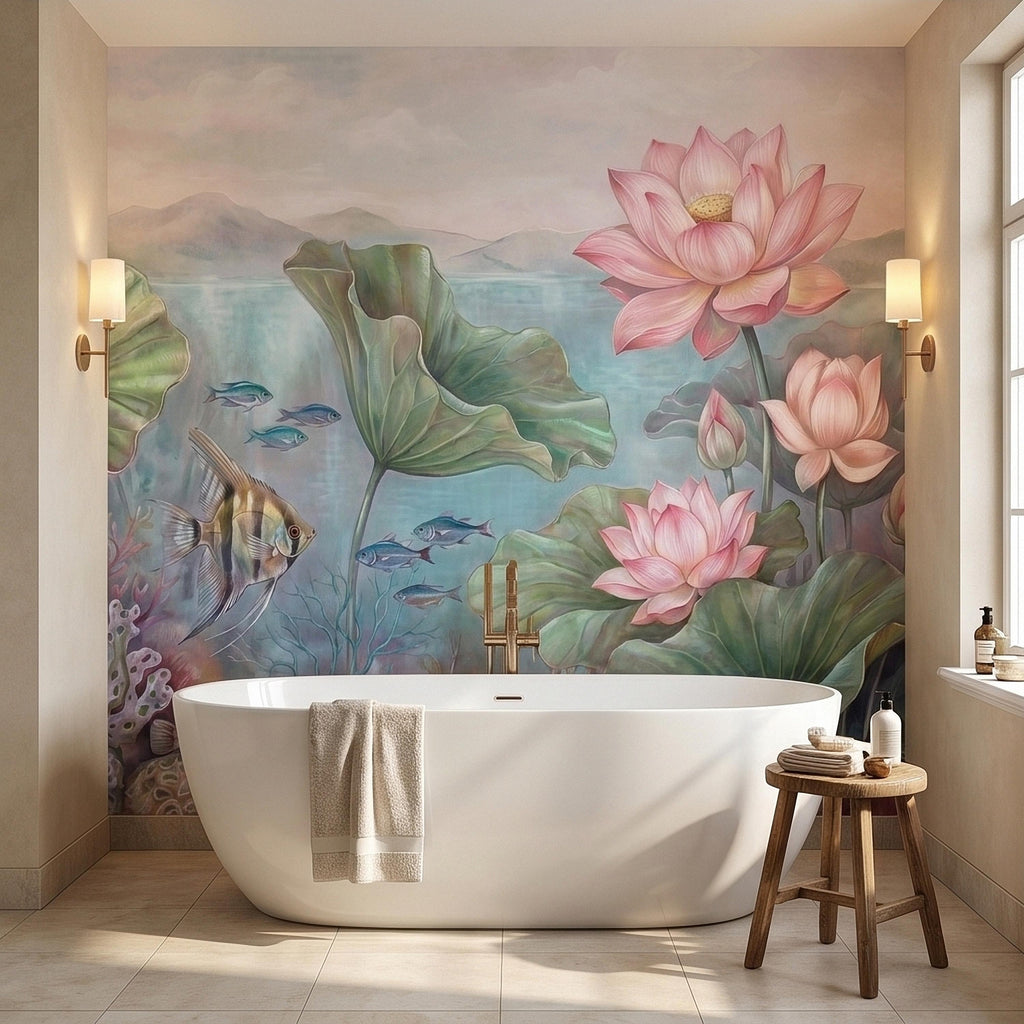 Underwater Lotus and Fish Peel and Stick Wall Mural, Pastel Water Lily Pond with Coral and Angelfish, Soft Coastal Botanical Wallpaper