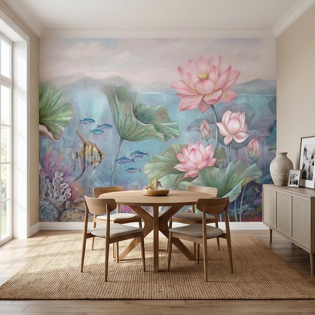 Underwater Lotus and Fish Peel and Stick Wall Mural, Pastel Water Lily Pond with Coral and Angelfish, Soft Coastal Botanical Wallpaper