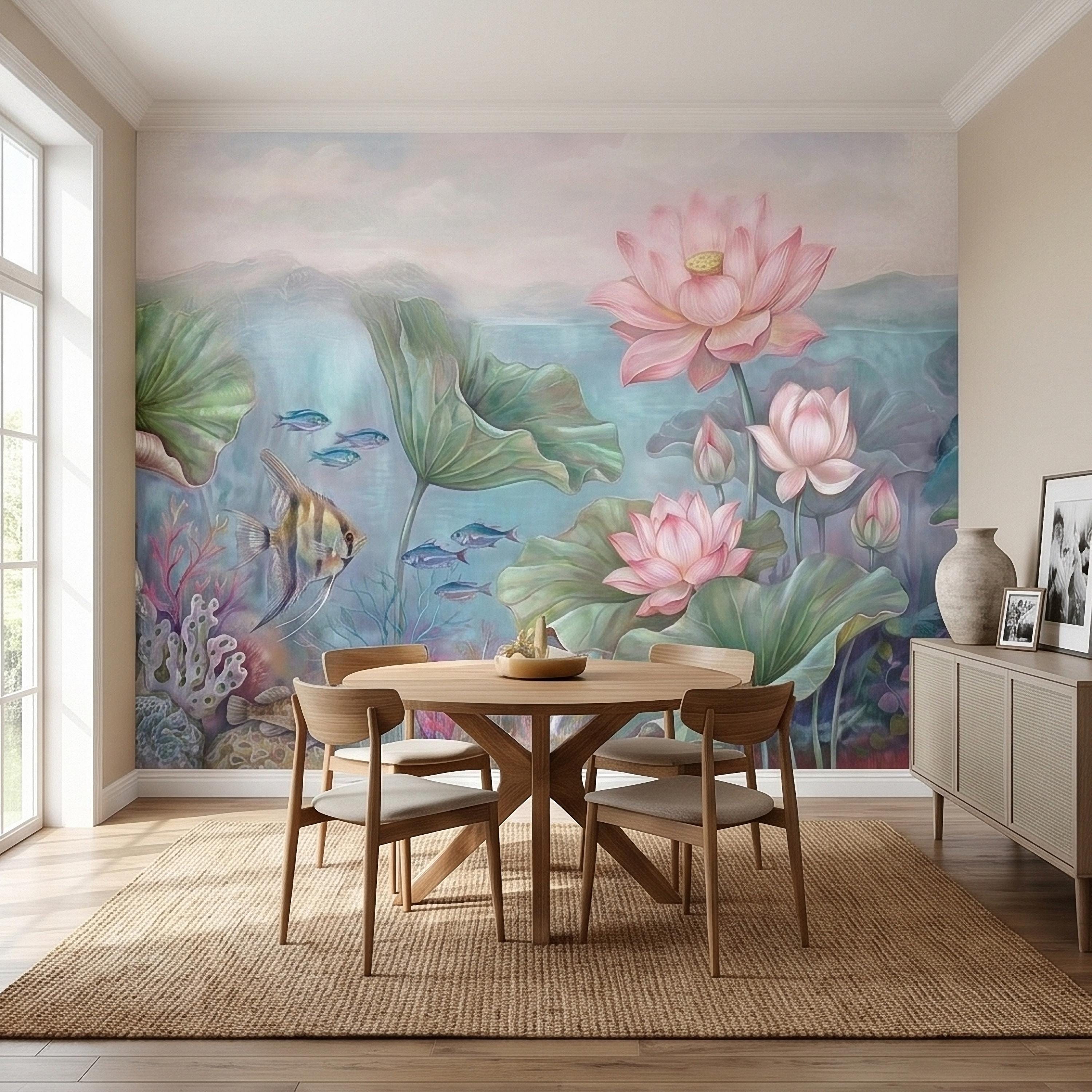 Underwater Lotus and Fish Peel and Stick Wall Mural, Pastel Water Lily Pond with Coral and Angelfish, Soft Coastal Botanical Wallpaper
