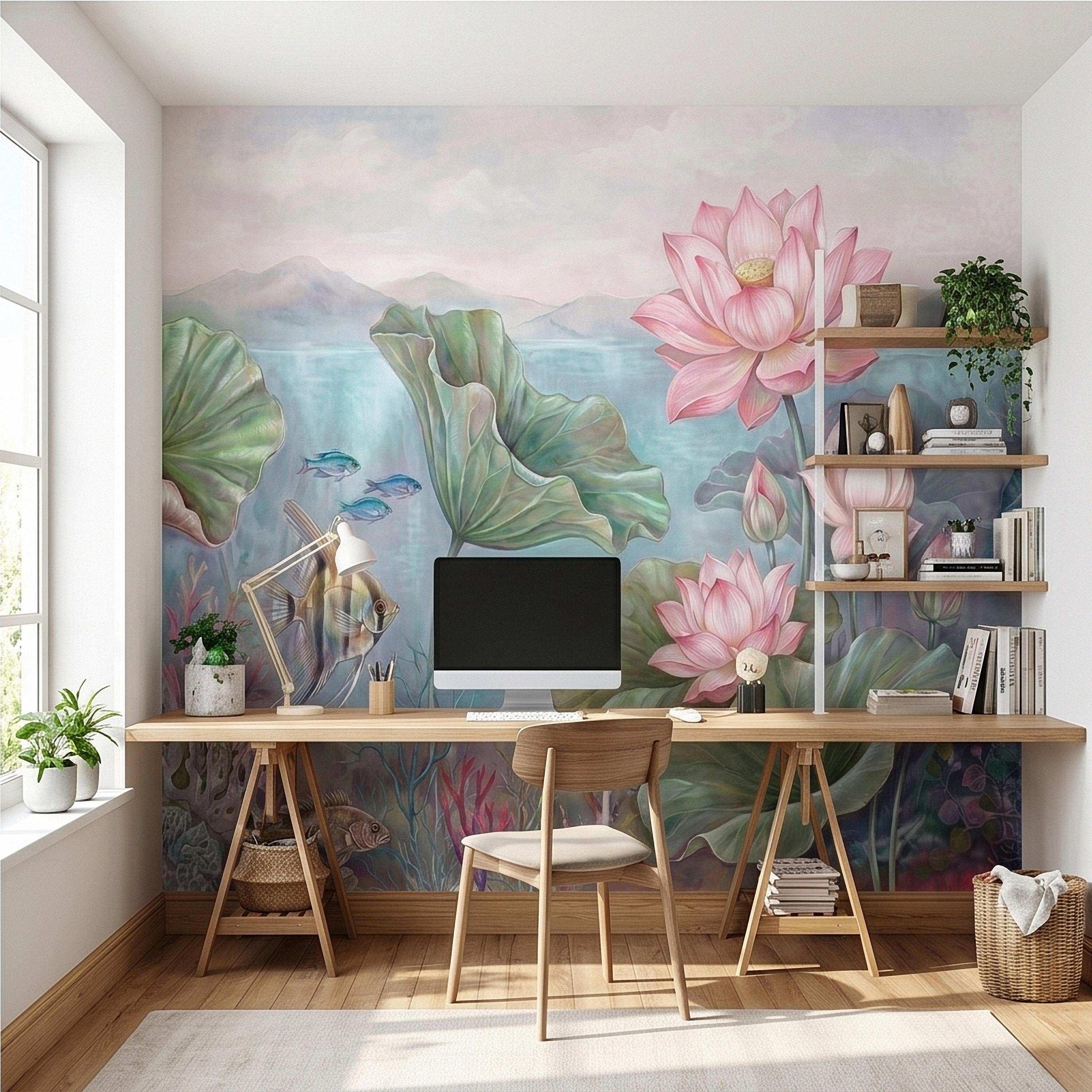 Underwater Lotus and Fish Peel and Stick Wall Mural, Pastel Water Lily Pond with Coral and Angelfish, Soft Coastal Botanical Wallpaper