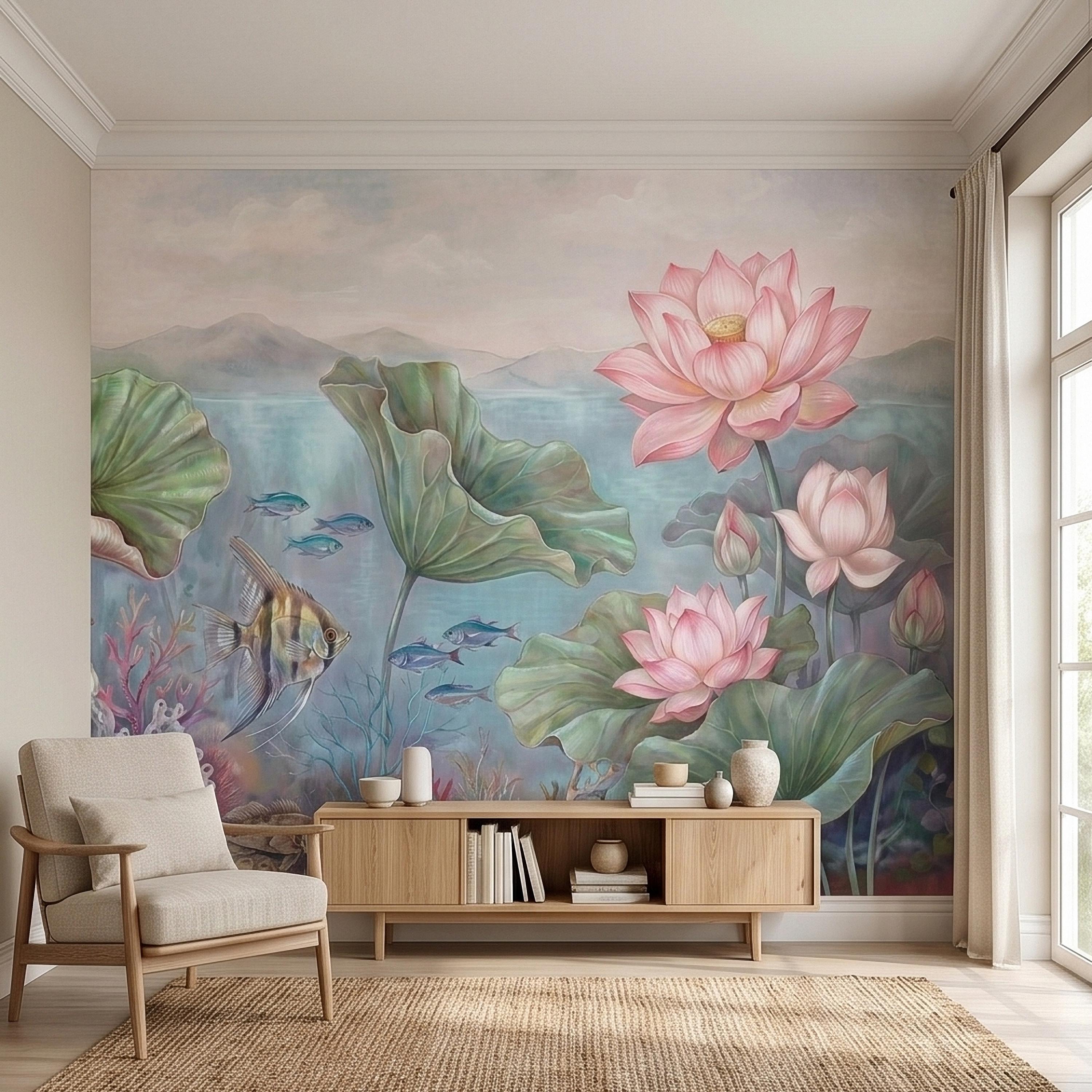 Underwater Lotus and Fish Peel and Stick Wall Mural, Pastel Water Lily Pond with Coral and Angelfish, Soft Coastal Botanical Wallpaper