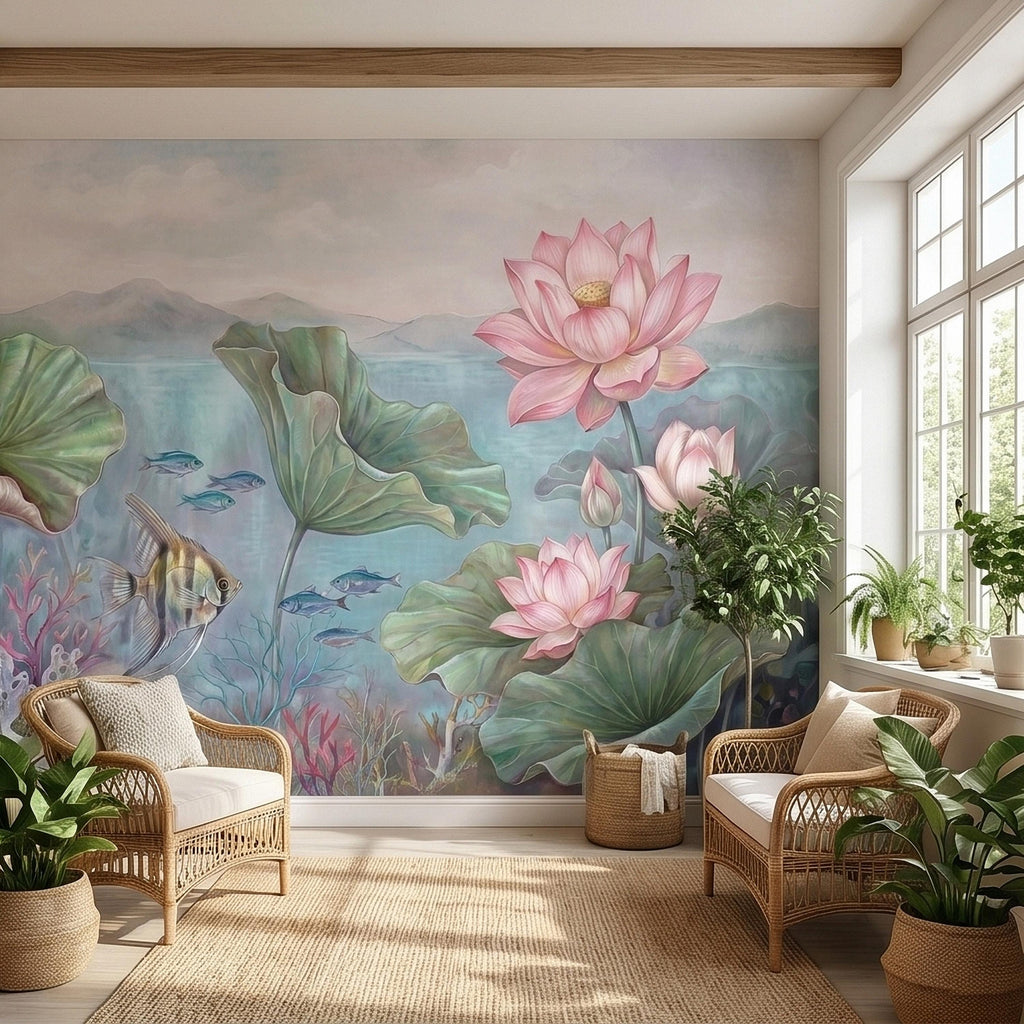 Underwater Lotus and Fish Peel and Stick Wall Mural, Pastel Water Lily Pond with Coral and Angelfish, Soft Coastal Botanical Wallpaper