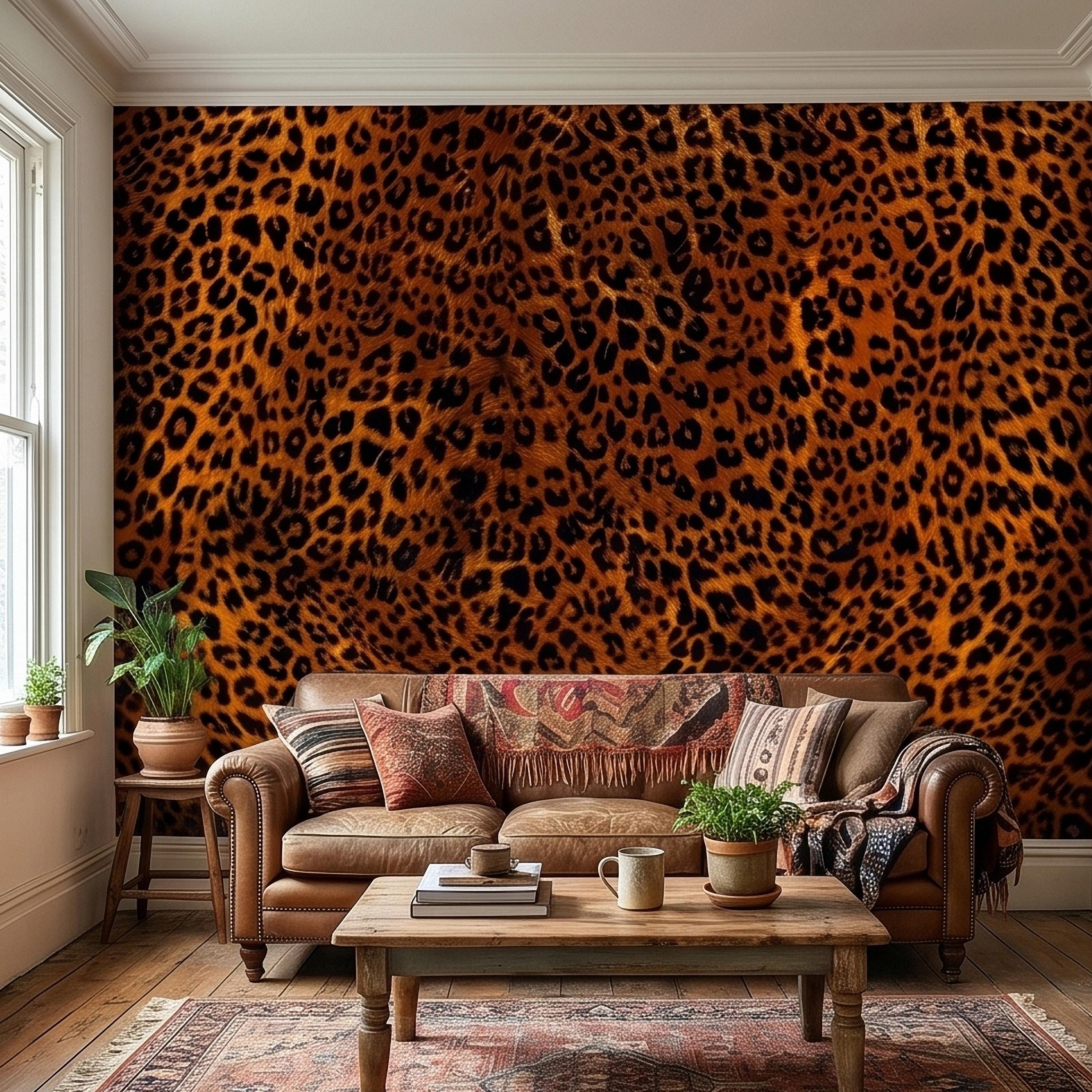Leopard Print Peel and Stick Wall Mural, Faux Fur Cheetah Spot Animal Pattern Brown and Black, Glam Safari Maximalist Accent Wallpaper