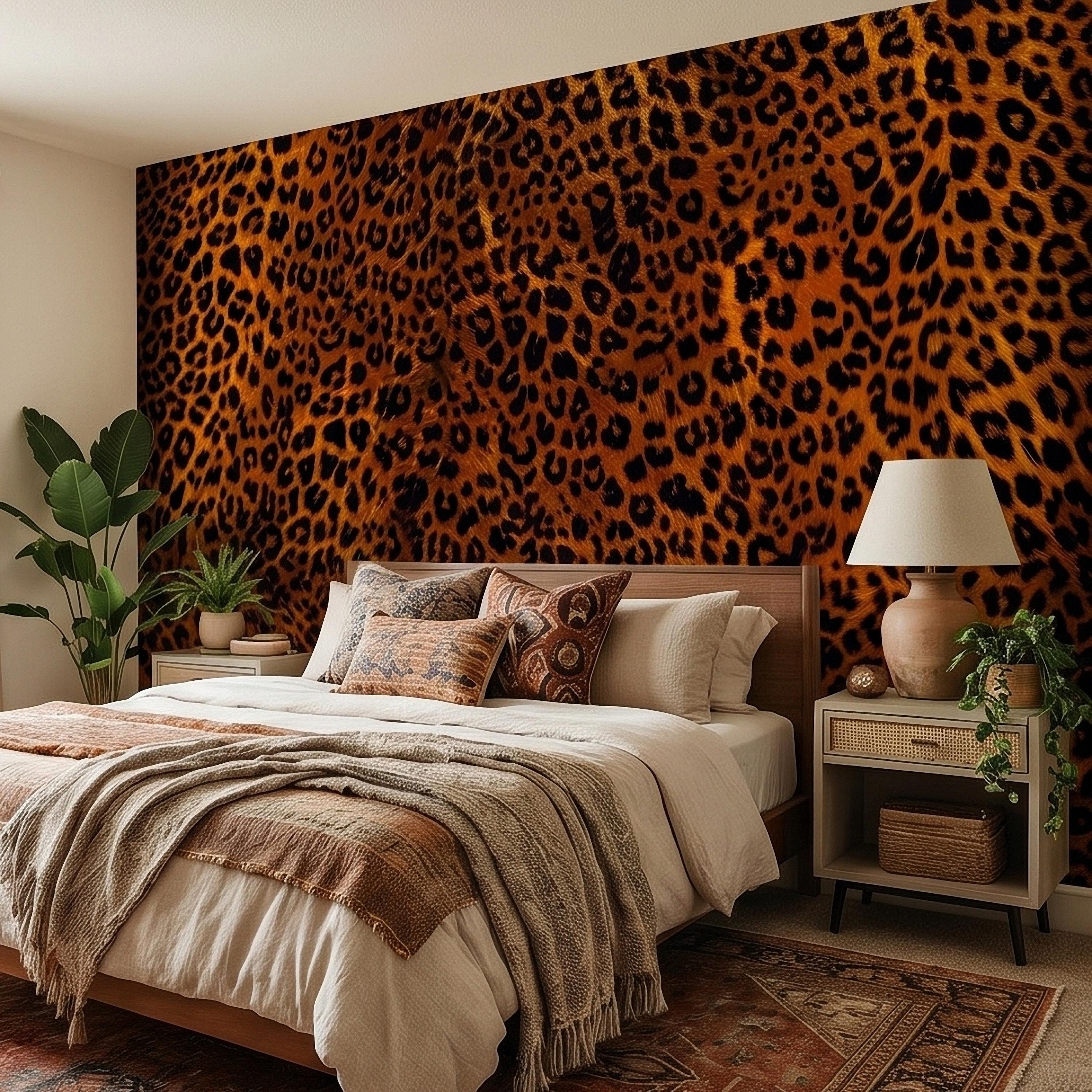 Leopard Print Peel and Stick Wall Mural, Faux Fur Cheetah Spot Animal Pattern Brown and Black, Glam Safari Maximalist Accent Wallpaper