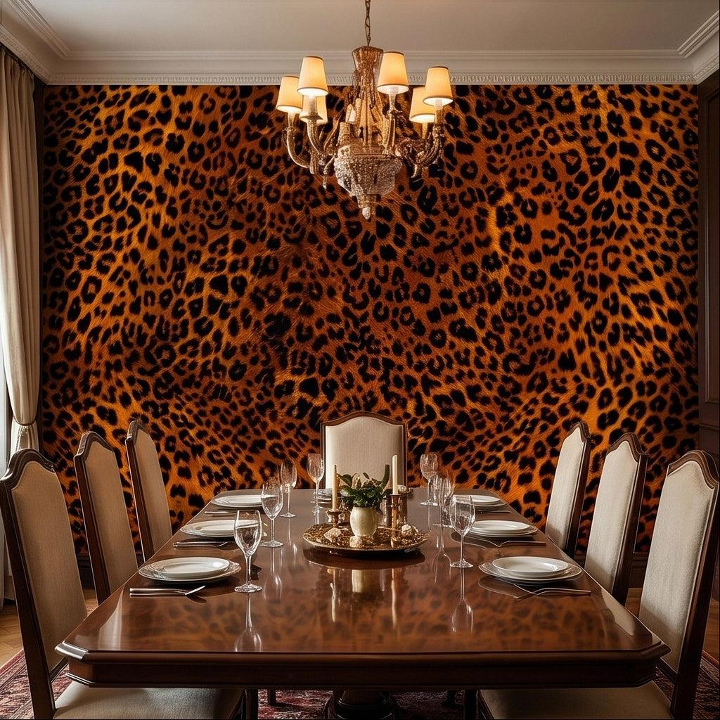 Leopard Print Peel and Stick Wall Mural, Faux Fur Cheetah Spot Animal Pattern Brown and Black, Glam Safari Maximalist Accent Wallpaper