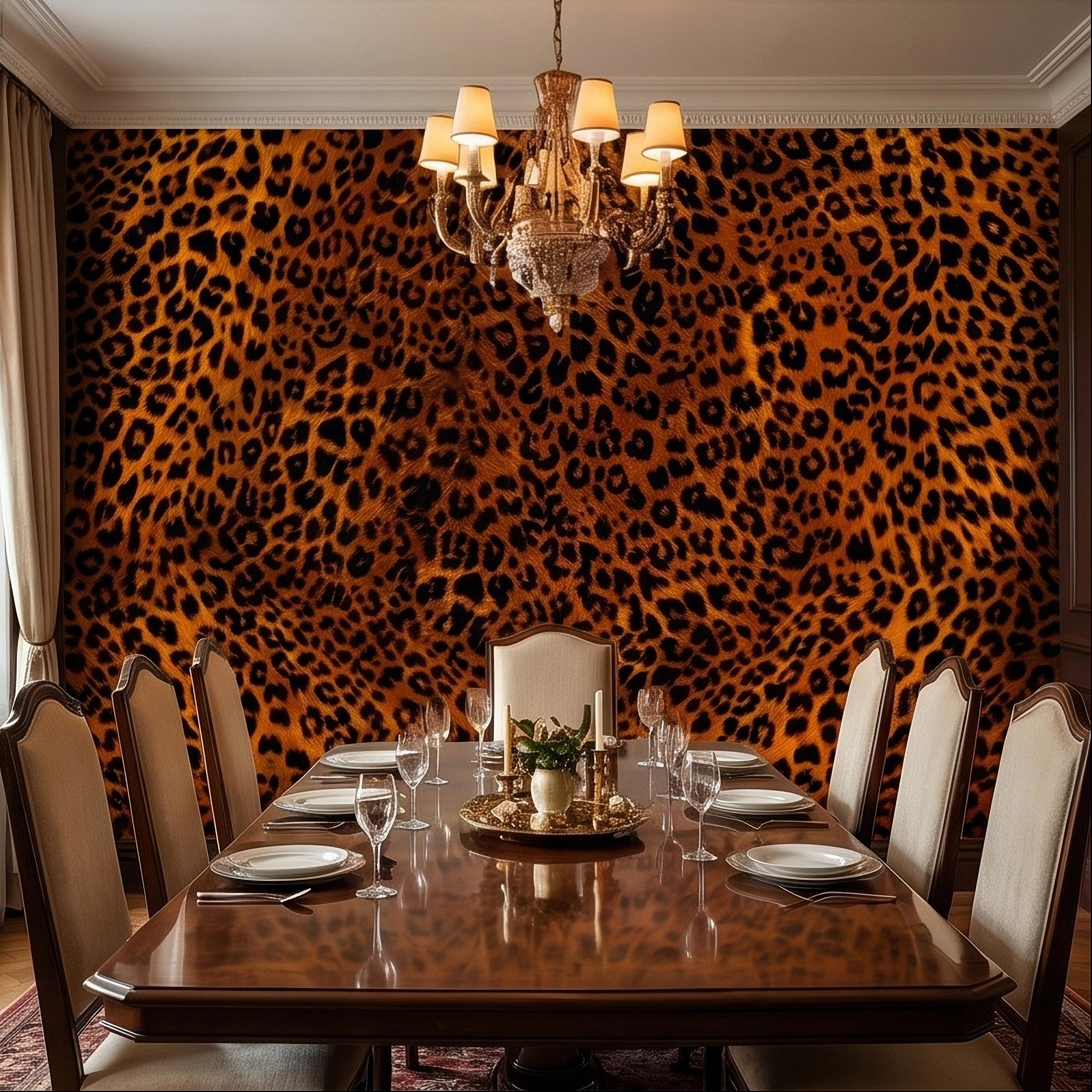 Leopard Print Peel and Stick Wall Mural, Faux Fur Cheetah Spot Animal Pattern Brown and Black, Glam Safari Maximalist Accent Wallpaper