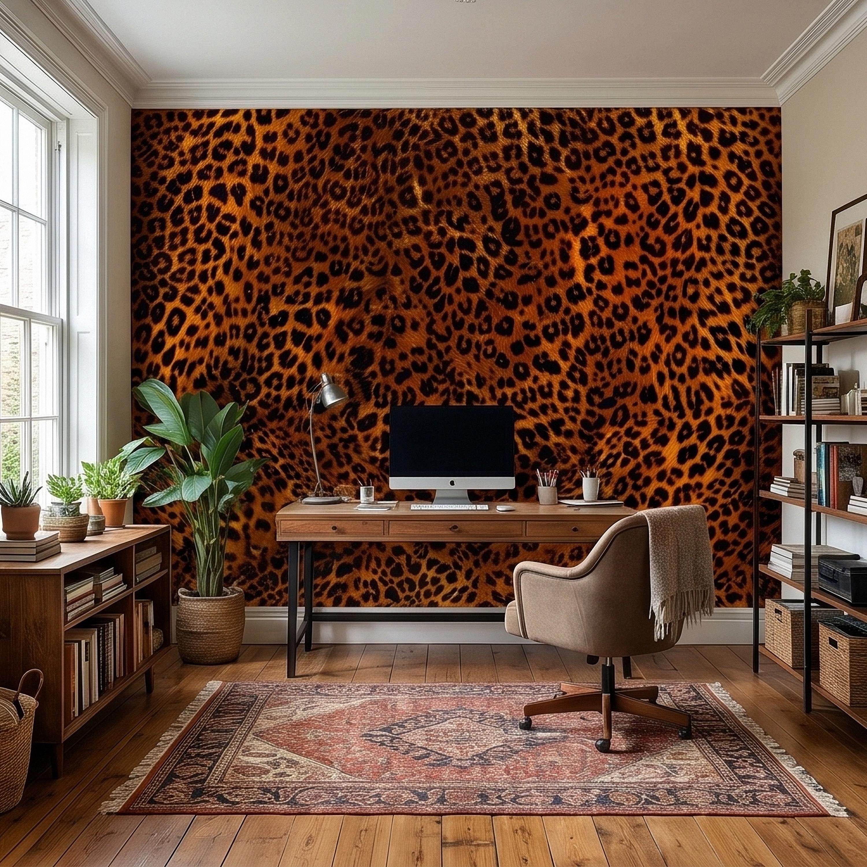 Leopard Print Peel and Stick Wall Mural, Faux Fur Cheetah Spot Animal Pattern Brown and Black, Glam Safari Maximalist Accent Wallpaper