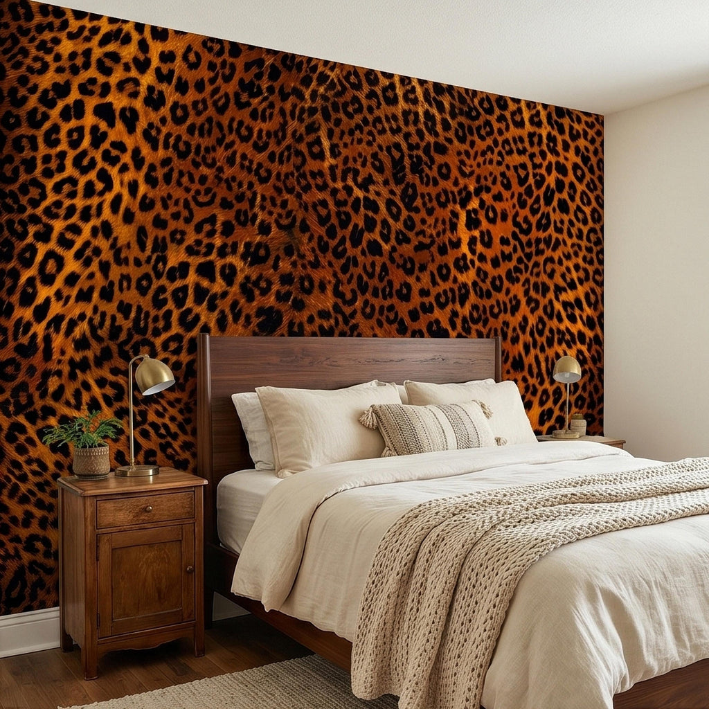 Leopard Print Peel and Stick Wall Mural, Faux Fur Cheetah Spot Animal Pattern Brown and Black, Glam Safari Maximalist Accent Wallpaper