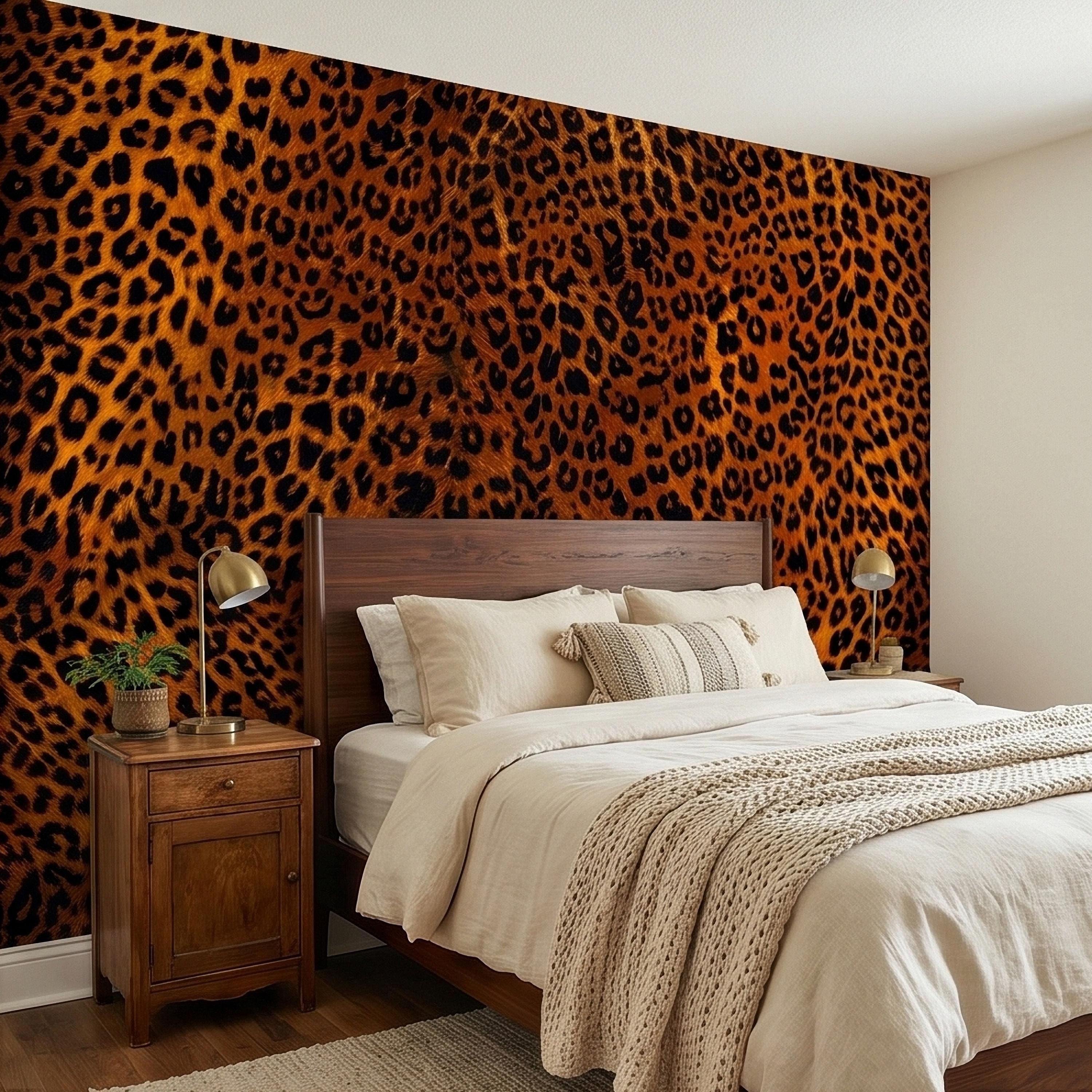 Leopard Print Peel and Stick Wall Mural, Faux Fur Cheetah Spot Animal Pattern Brown and Black, Glam Safari Maximalist Accent Wallpaper