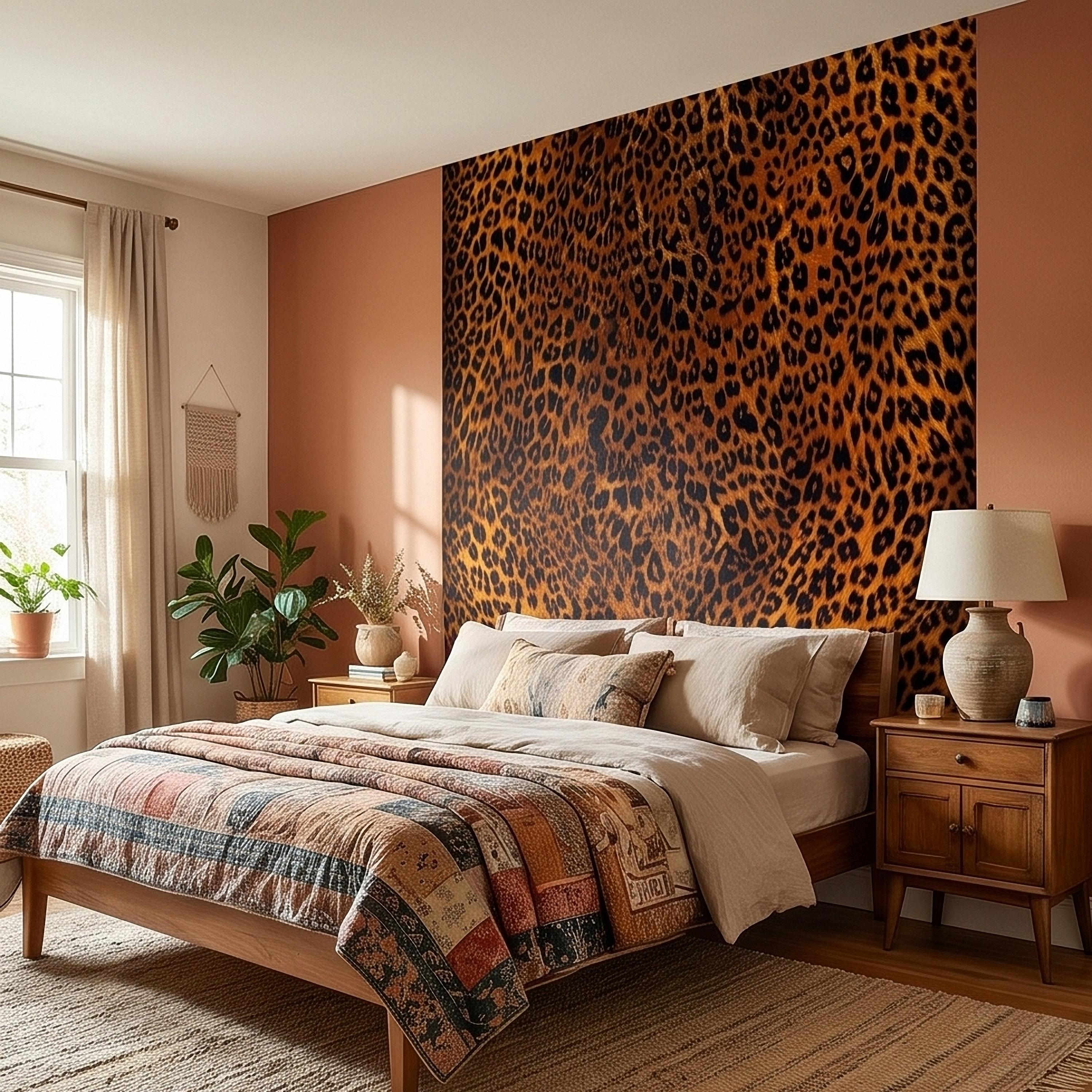 Leopard Print Peel and Stick Wall Mural, Faux Fur Cheetah Spot Animal Pattern Brown and Black, Glam Safari Maximalist Accent Wallpaper