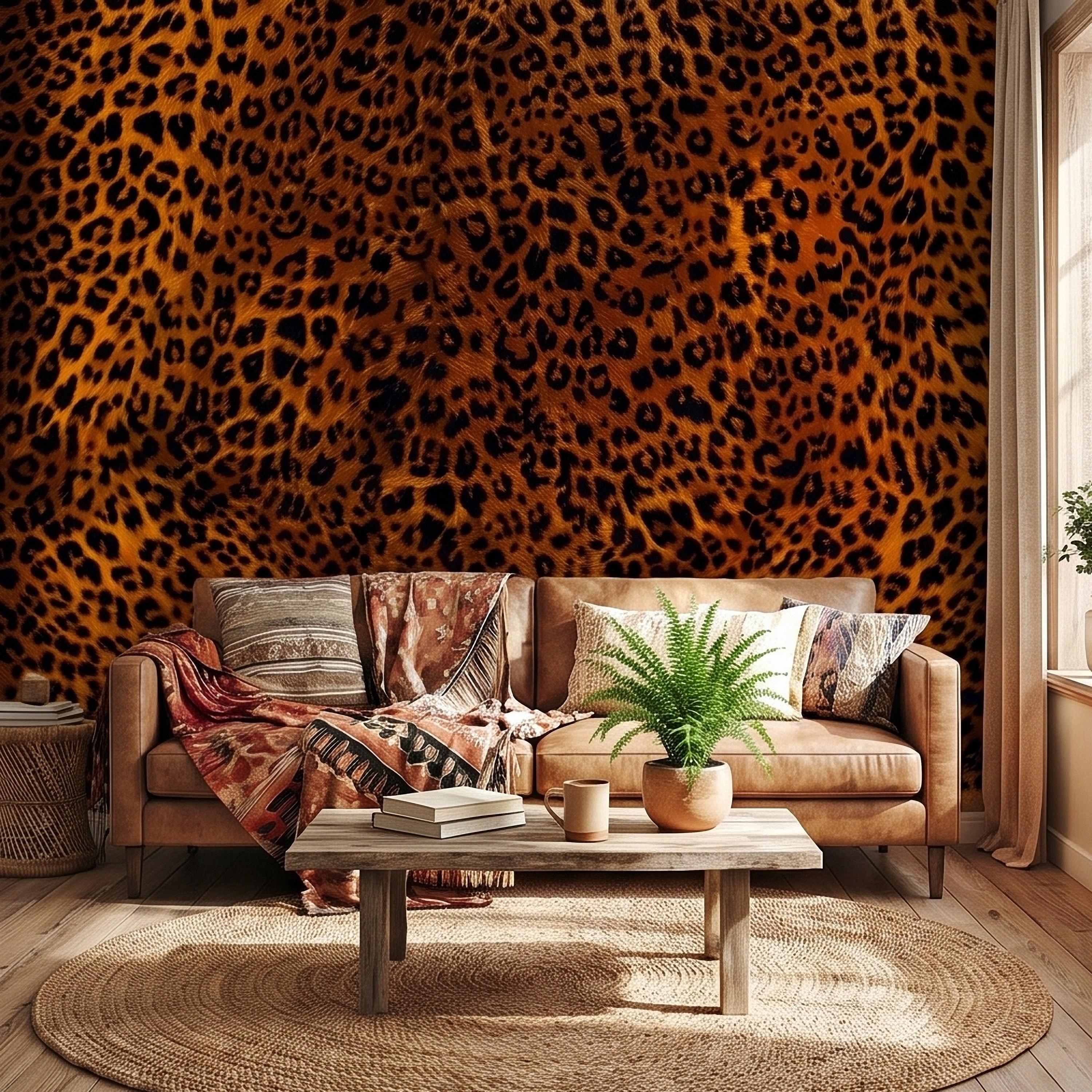 Leopard Print Peel and Stick Wall Mural, Faux Fur Cheetah Spot Animal Pattern Brown and Black, Glam Safari Maximalist Accent Wallpaper