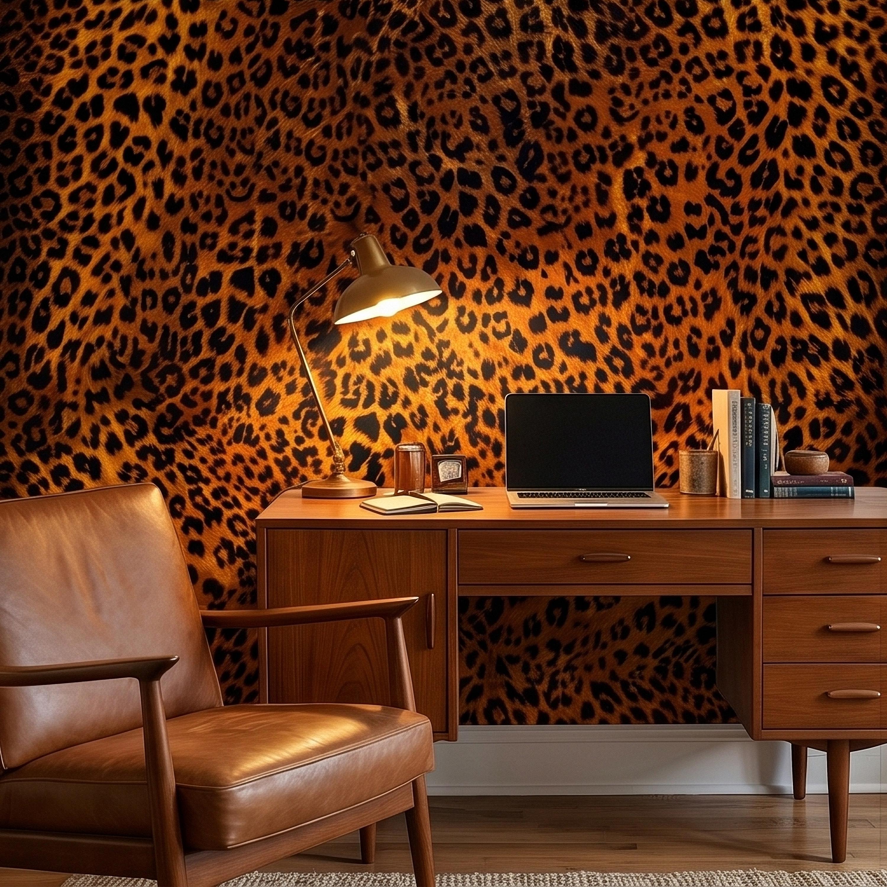Leopard Print Peel and Stick Wall Mural, Faux Fur Cheetah Spot Animal Pattern Brown and Black, Glam Safari Maximalist Accent Wallpaper