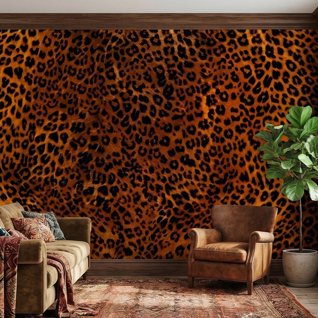 Leopard Print Peel and Stick Wall Mural, Faux Fur Cheetah Spot Animal Pattern Brown and Black, Glam Safari Maximalist Accent Wallpaper