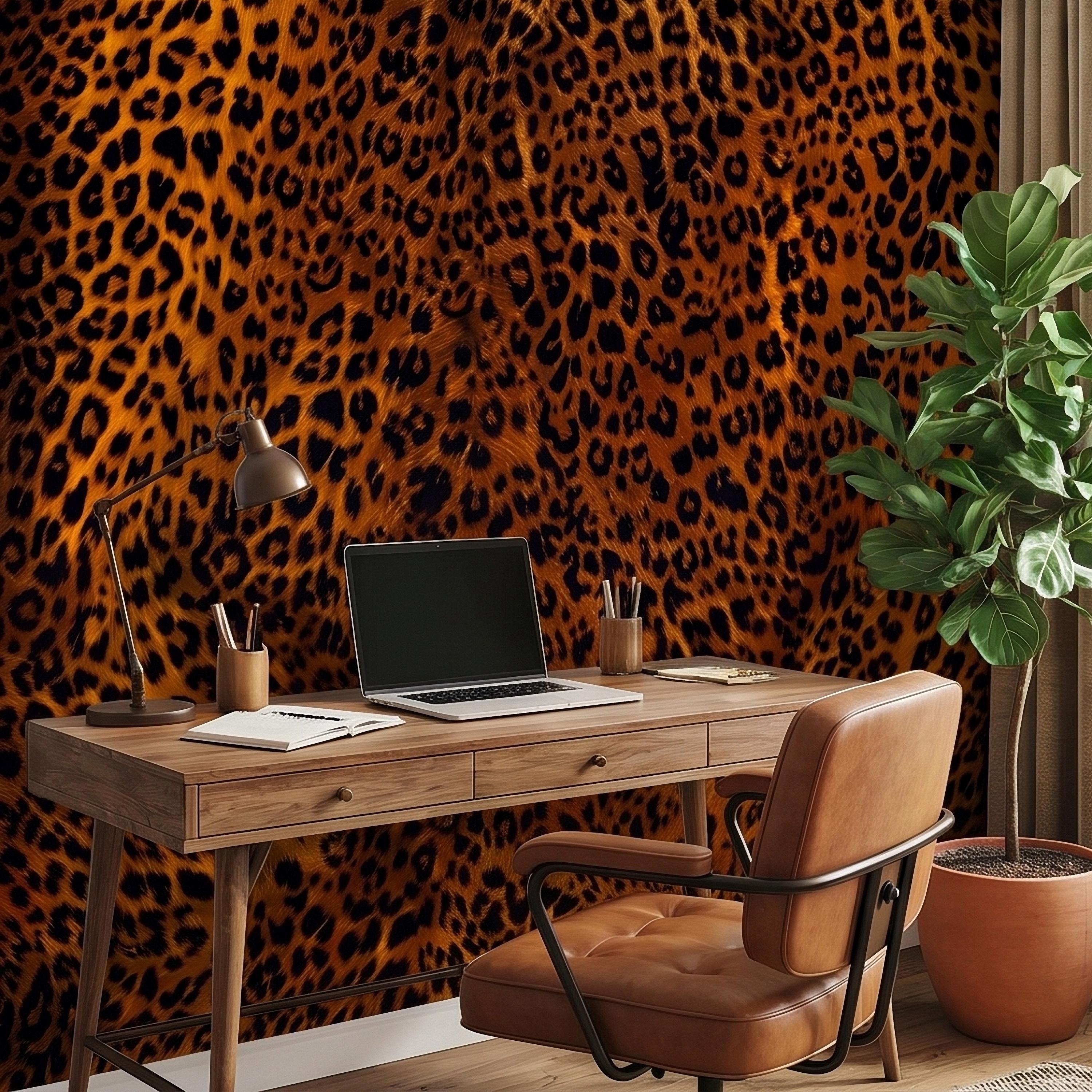 Leopard Print Peel and Stick Wall Mural, Faux Fur Cheetah Spot Animal Pattern Brown and Black, Glam Safari Maximalist Accent Wallpaper