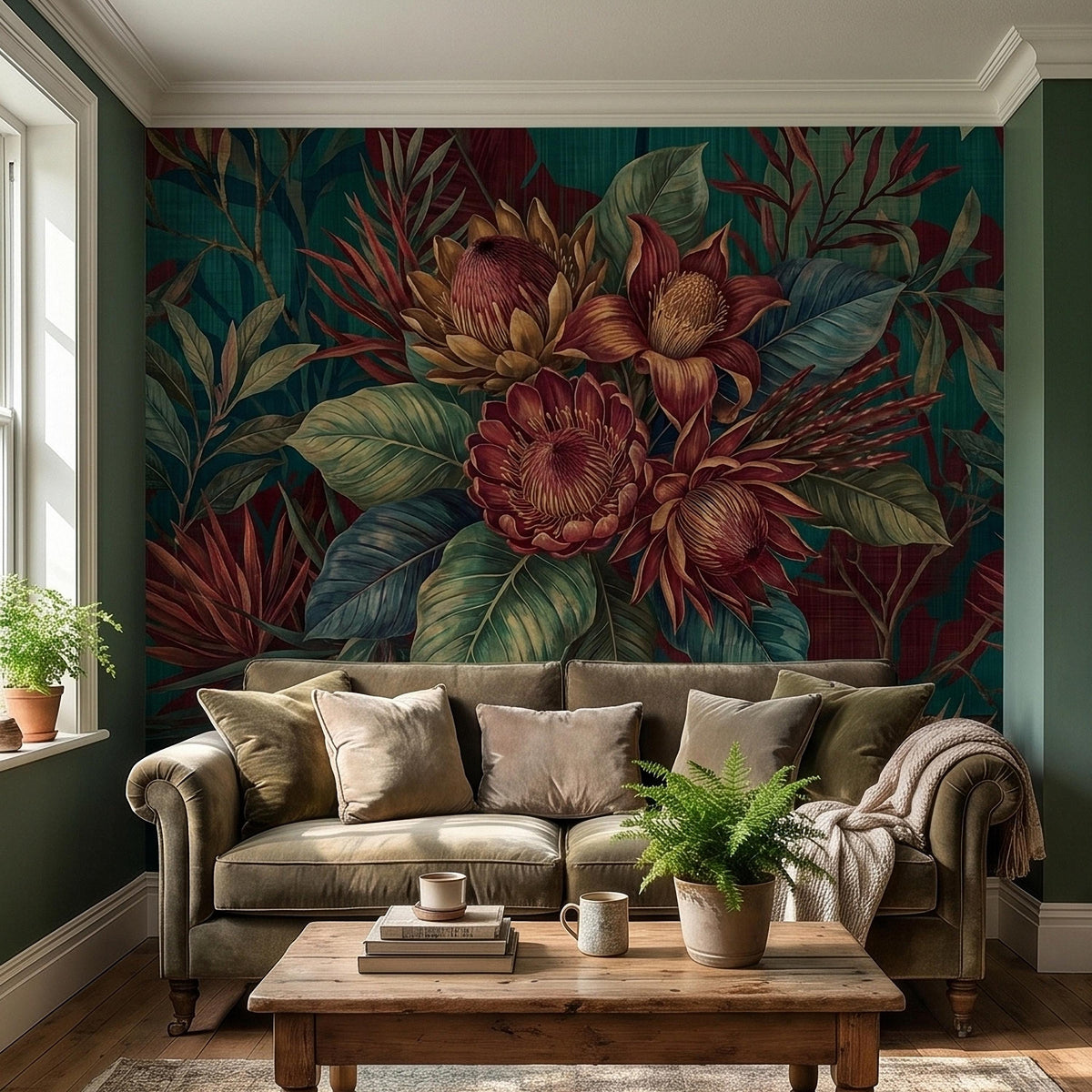 Oversized Protea Floral Peel and Stick Wall Mural, Vintage Tropical Botanical Leaves in Deep Teal and Burgundy, Moody Dark Floral Wallpaper - The Fine Art Murals