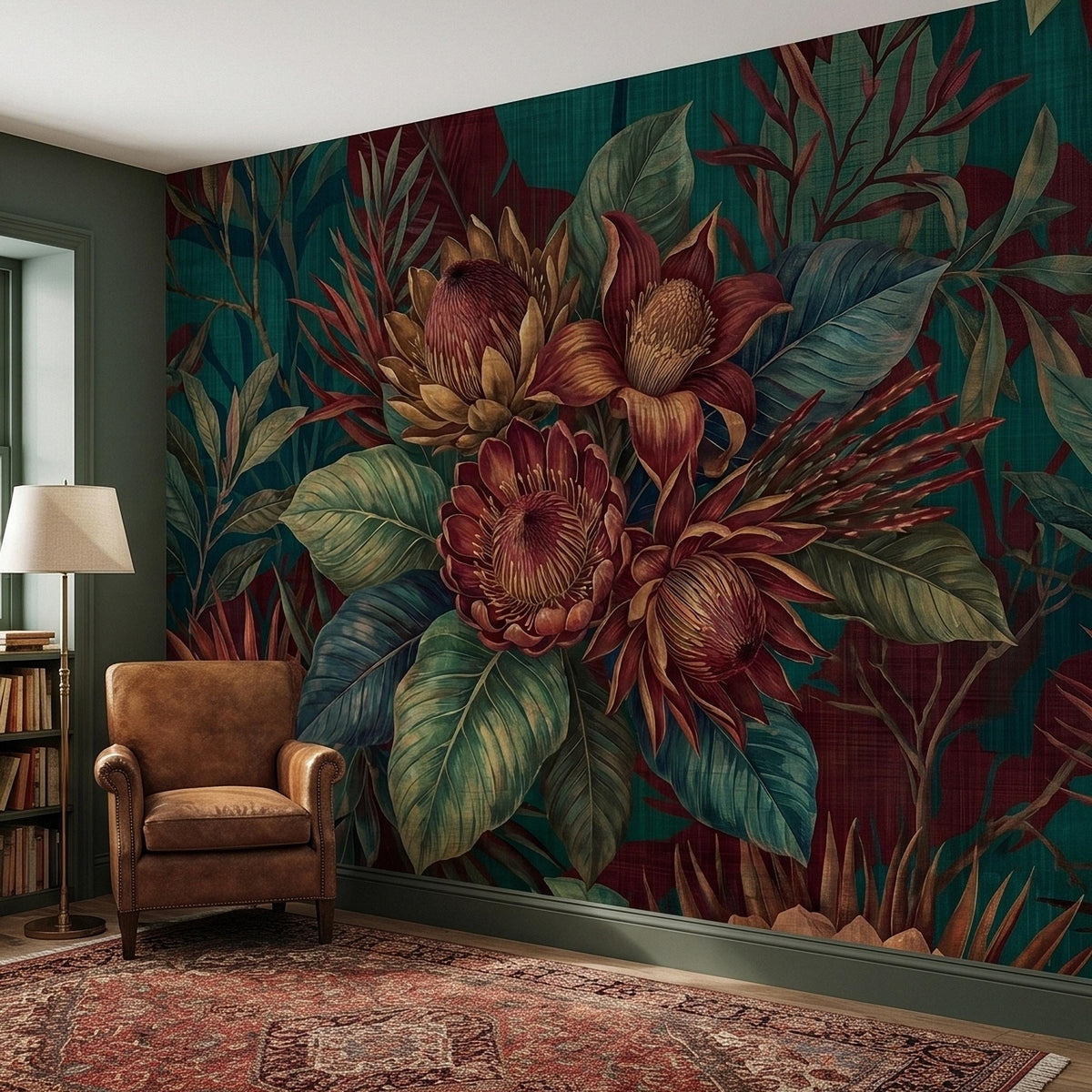 Oversized Protea Floral Peel and Stick Wall Mural, Vintage Tropical Botanical Leaves in Deep Teal and Burgundy, Moody Dark Floral Wallpaper - The Fine Art Murals