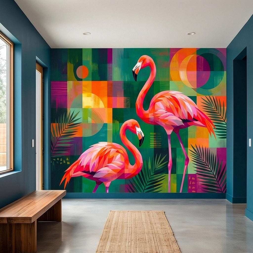 Colorful Flamingo Tropical Peel and Stick Wall Mural, Modern Mid Century Geometric Palm Leaves Abstract Art, Pink Orange Green Wallpaper