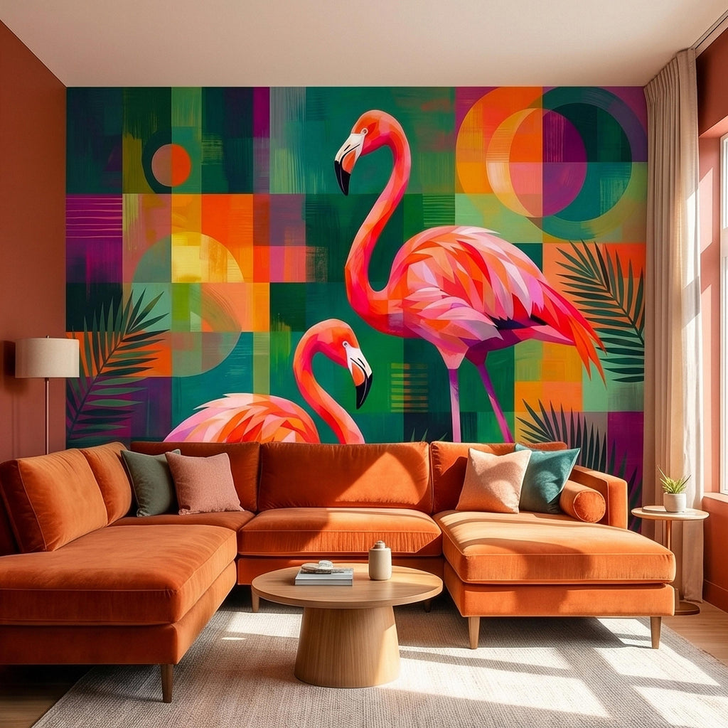 Colorful Flamingo Tropical Peel and Stick Wall Mural, Modern Mid Century Geometric Palm Leaves Abstract Art, Pink Orange Green Wallpaper