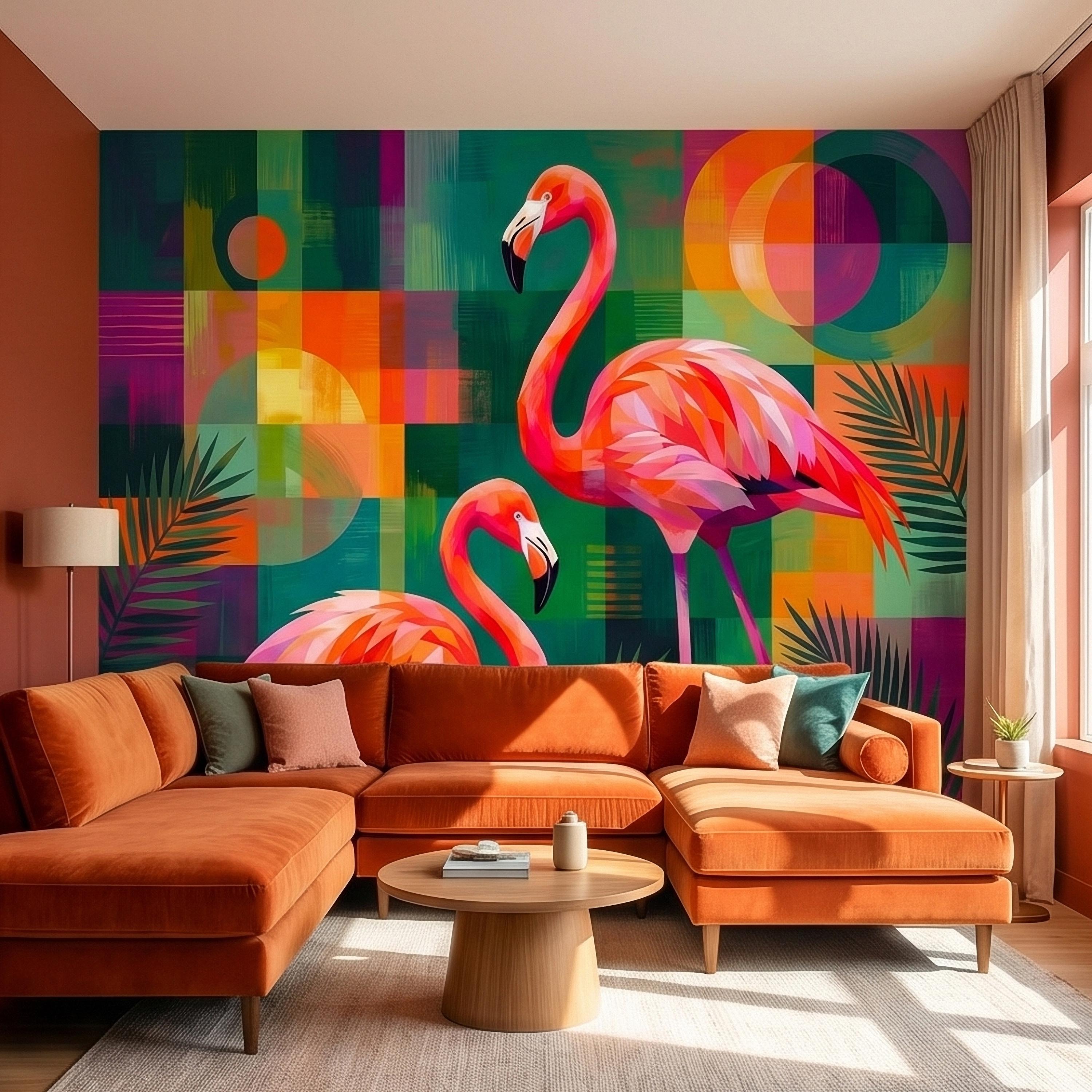 Colorful Flamingo Tropical Peel and Stick Wall Mural, Modern Mid Century Geometric Palm Leaves Abstract Art, Pink Orange Green Wallpaper