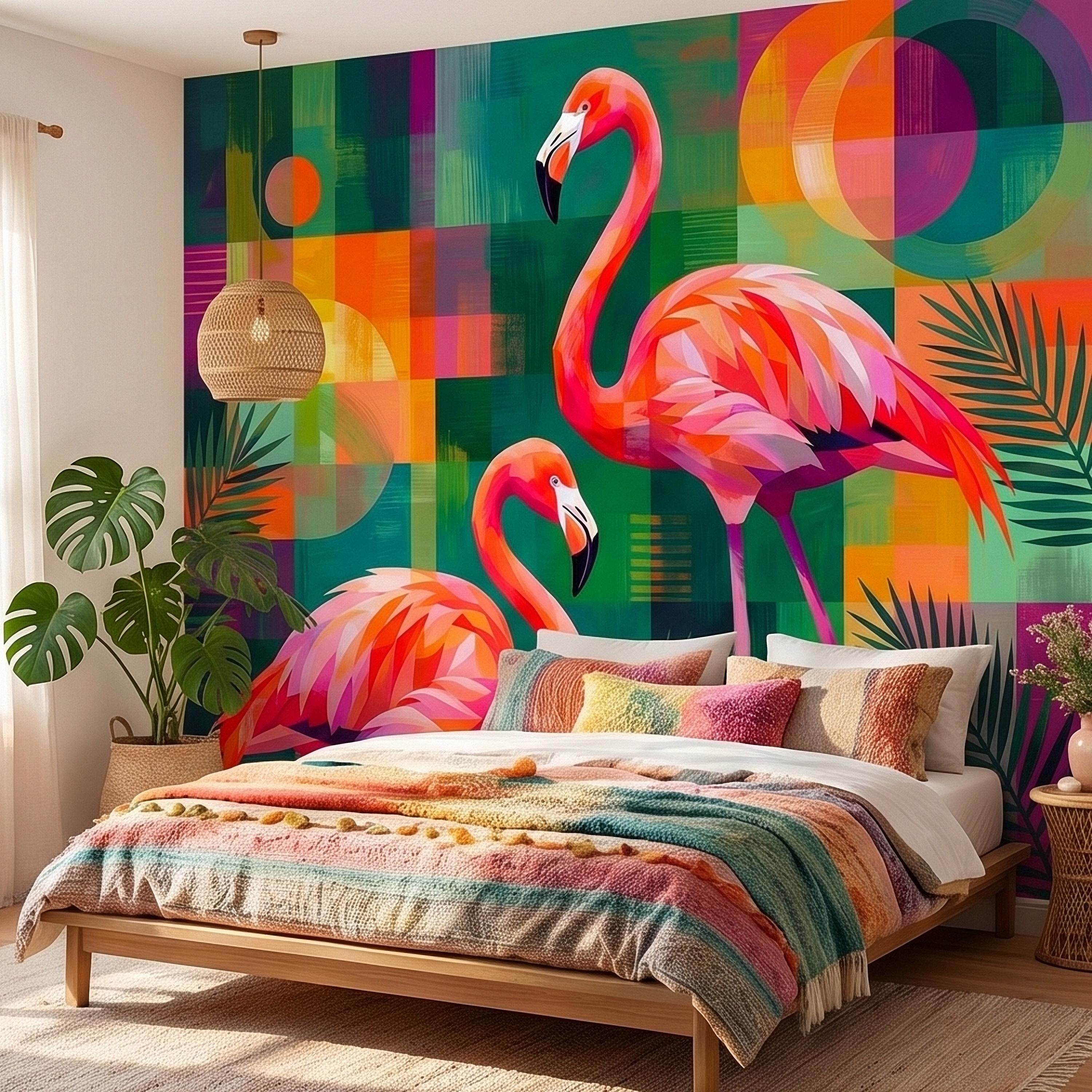 Colorful Flamingo Tropical Peel and Stick Wall Mural, Modern Mid Century Geometric Palm Leaves Abstract Art, Pink Orange Green Wallpaper