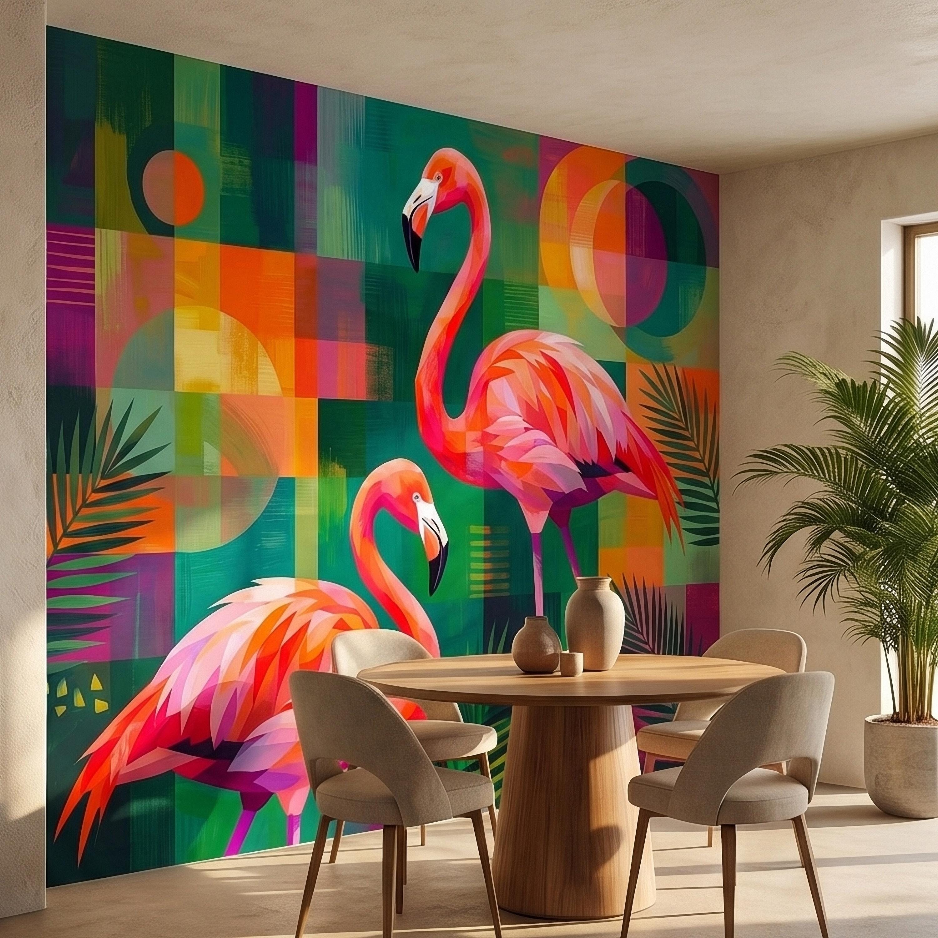 Colorful Flamingo Tropical Peel and Stick Wall Mural, Modern Mid Century Geometric Palm Leaves Abstract Art, Pink Orange Green Wallpaper
