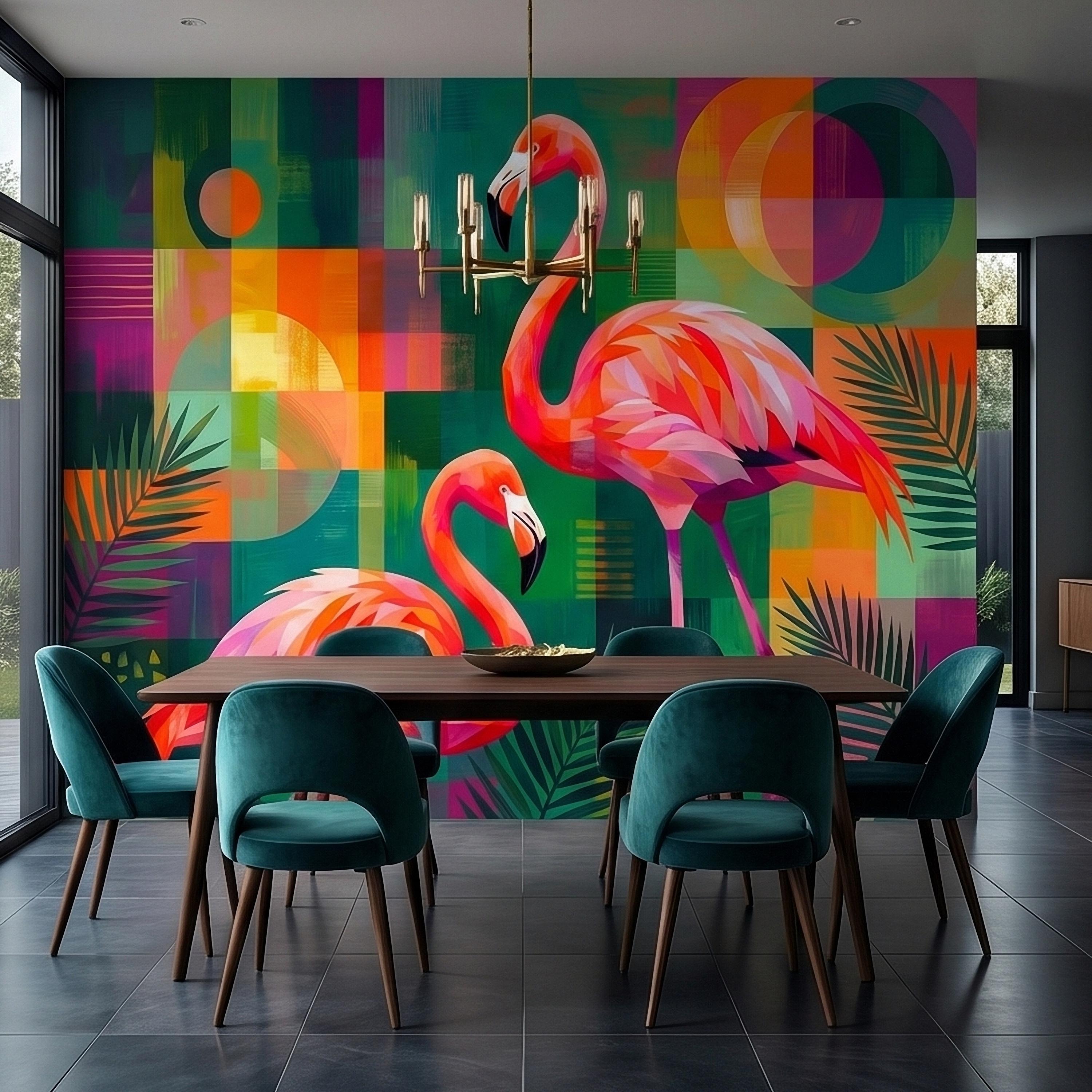 Colorful Flamingo Tropical Peel and Stick Wall Mural, Modern Mid Century Geometric Palm Leaves Abstract Art, Pink Orange Green Wallpaper