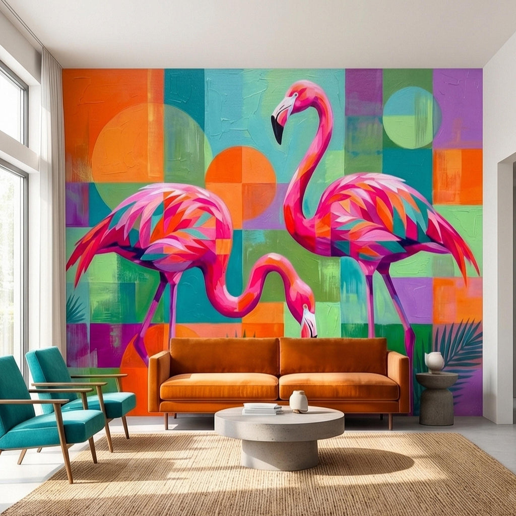 Colorful Flamingo Tropical Peel and Stick Wall Mural, Modern Geometric Abstract Midcentury Palm Leaves, Pink Teal Orange Coastal Wallpaper
