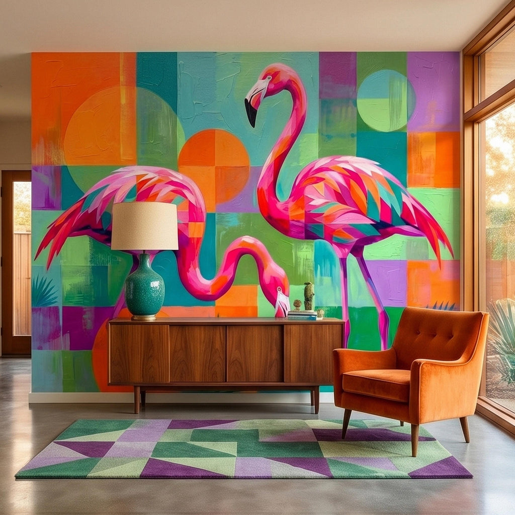 Colorful Flamingo Tropical Peel and Stick Wall Mural, Modern Geometric Abstract Midcentury Palm Leaves, Pink Teal Orange Coastal Wallpaper