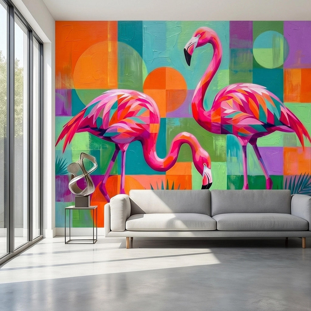 Colorful Flamingo Tropical Peel and Stick Wall Mural, Modern Geometric Abstract Midcentury Palm Leaves, Pink Teal Orange Coastal Wallpaper