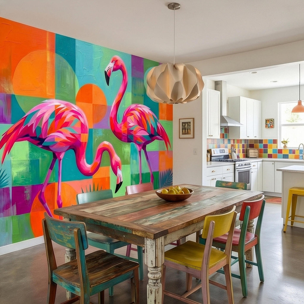 Colorful Flamingo Tropical Peel and Stick Wall Mural, Modern Geometric Abstract Midcentury Palm Leaves, Pink Teal Orange Coastal Wallpaper
