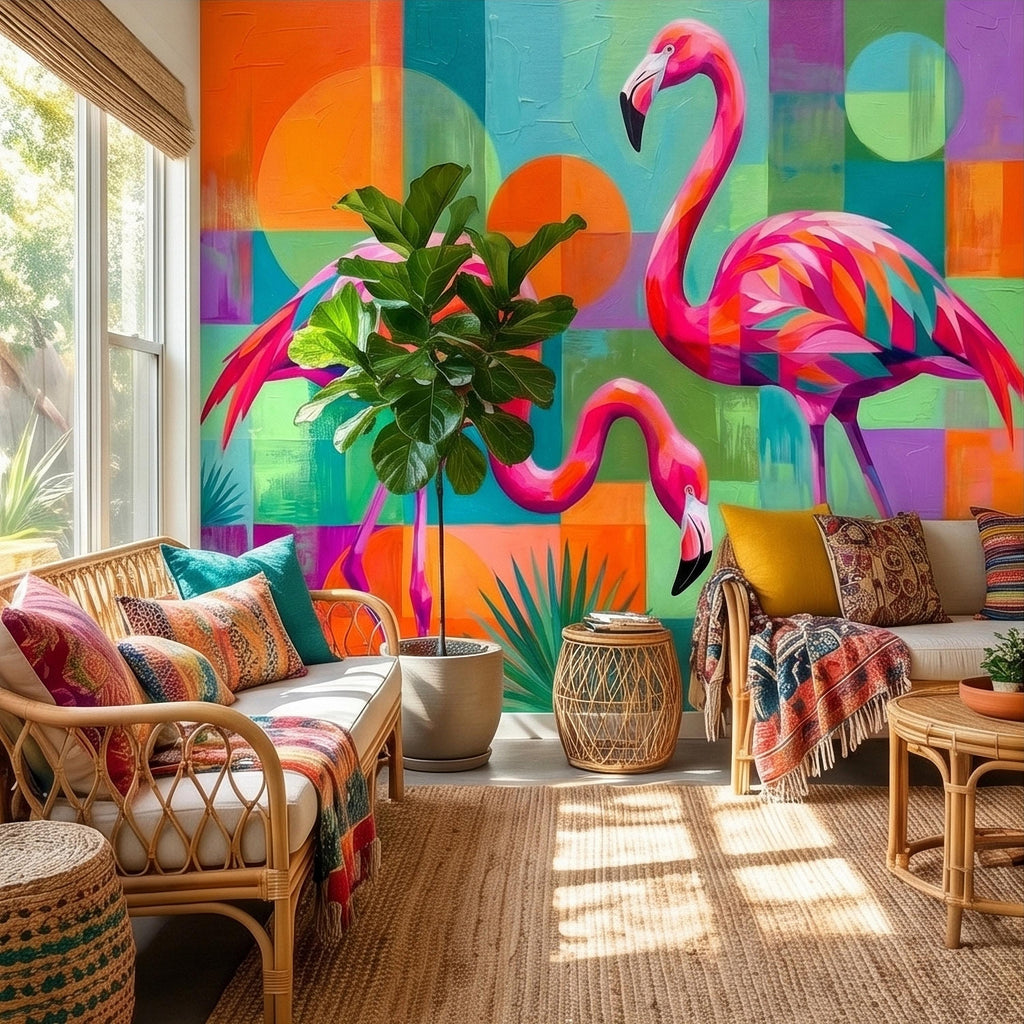 Colorful Flamingo Tropical Peel and Stick Wall Mural, Modern Geometric Abstract Midcentury Palm Leaves, Pink Teal Orange Coastal Wallpaper