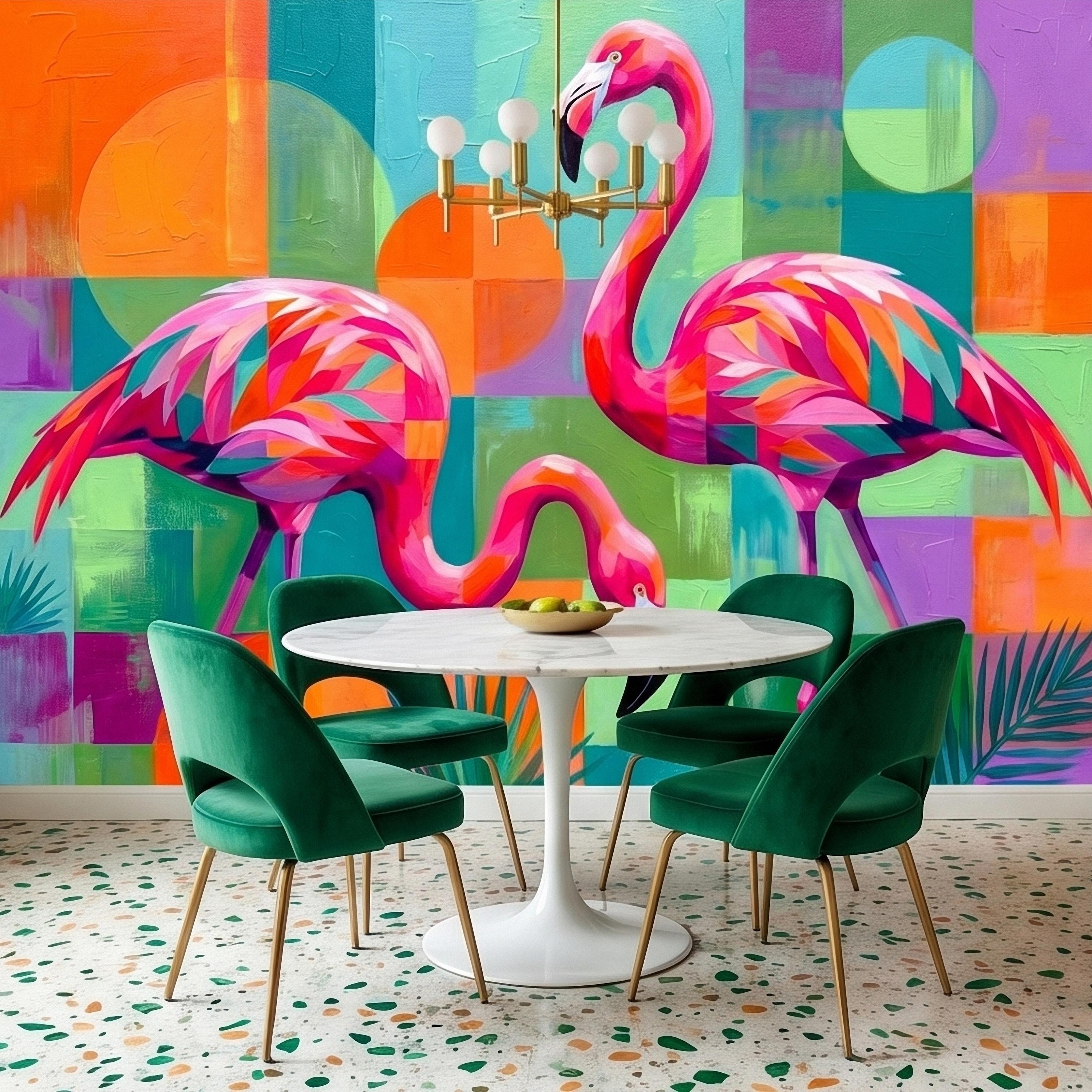 Colorful Flamingo Tropical Peel and Stick Wall Mural, Modern Geometric Abstract Midcentury Palm Leaves, Pink Teal Orange Coastal Wallpaper