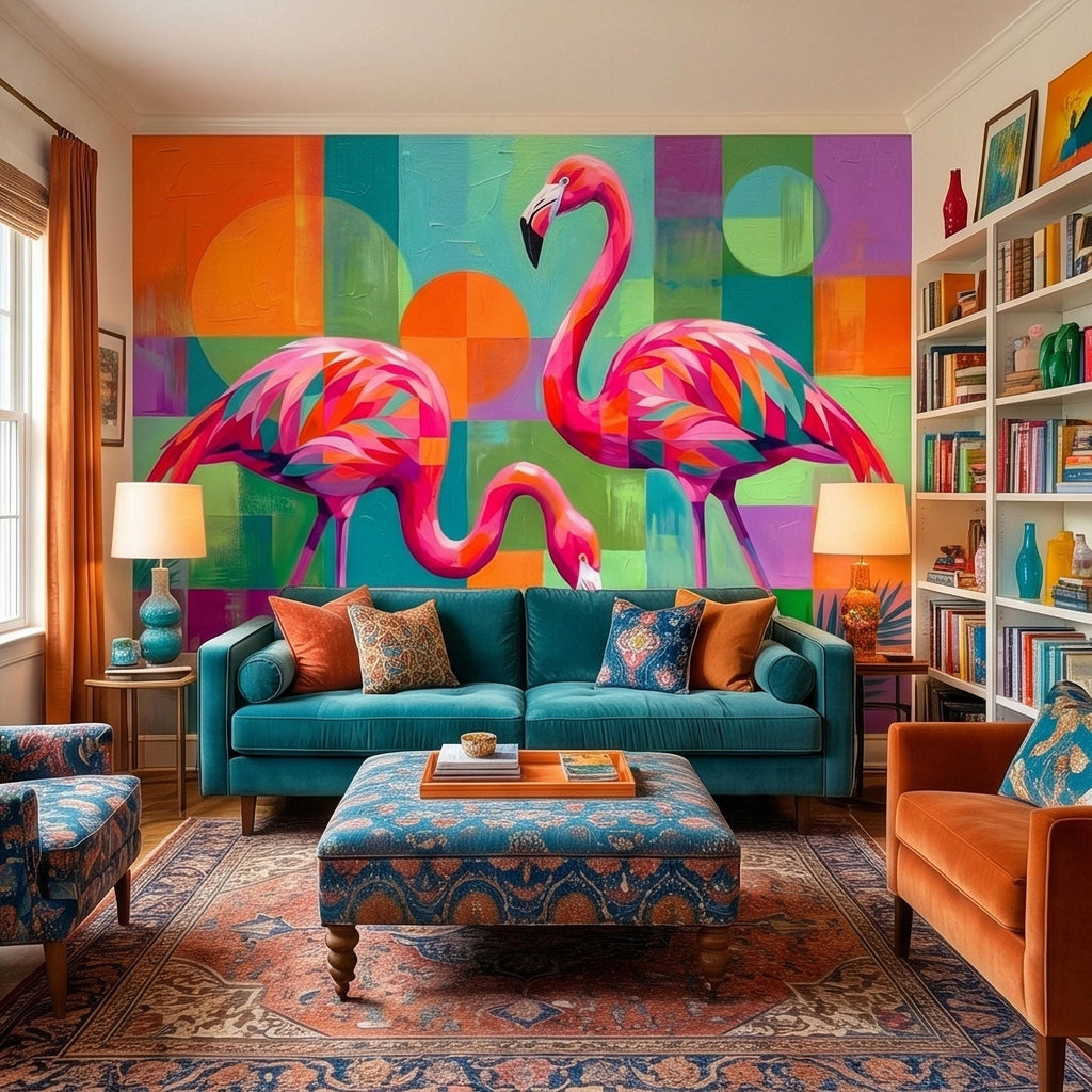Colorful Flamingo Tropical Peel and Stick Wall Mural, Modern Geometric Abstract Midcentury Palm Leaves, Pink Teal Orange Coastal Wallpaper