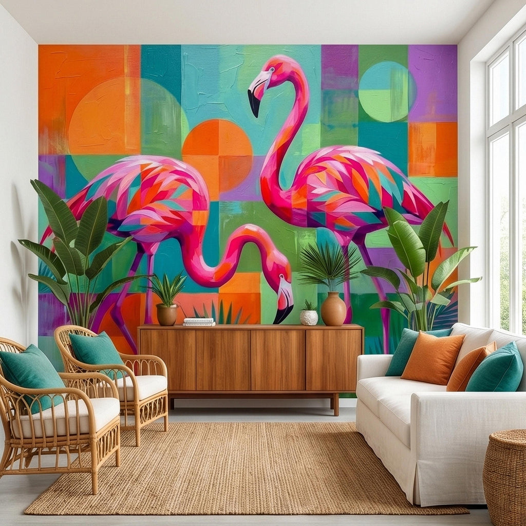 Colorful Flamingo Tropical Peel and Stick Wall Mural, Modern Geometric Abstract Midcentury Palm Leaves, Pink Teal Orange Coastal Wallpaper