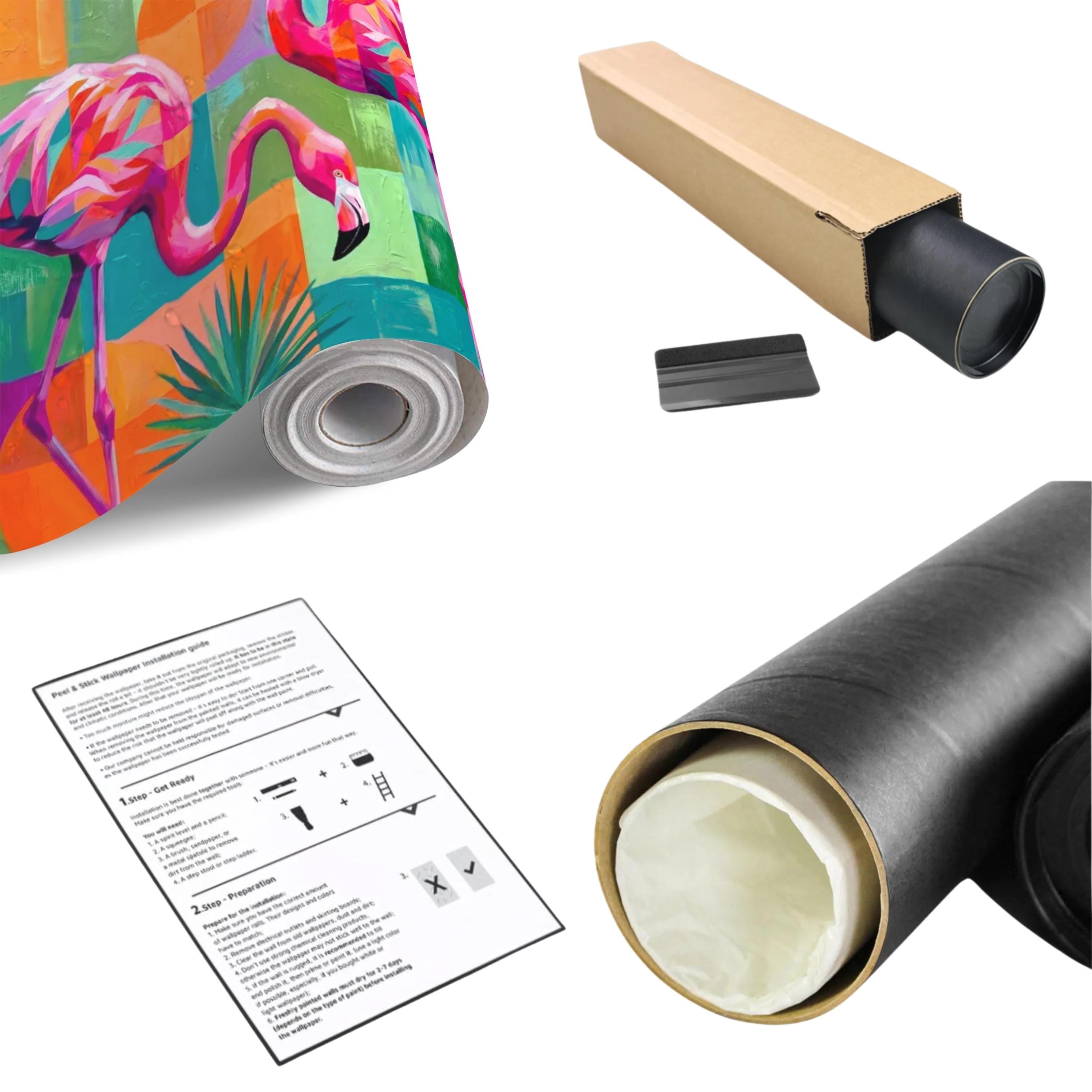 Colorful Flamingo Tropical Peel and Stick Wall Mural, Modern Geometric Abstract Midcentury Palm Leaves, Pink Teal Orange Coastal Wallpaper