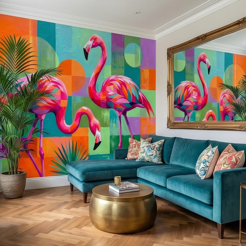 Colorful Flamingo Tropical Peel and Stick Wall Mural, Modern Geometric Abstract Midcentury Palm Leaves, Pink Teal Orange Coastal Wallpaper