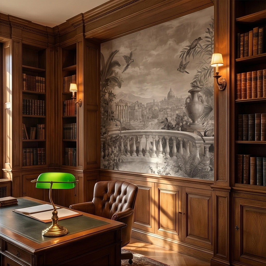 Vintage Rome Balcony Panoramic Landscape Peel and Stick Wall Mural, Sepia Tropical Garden Birds Classical Cityscape, Neutral Toile Wallpaper