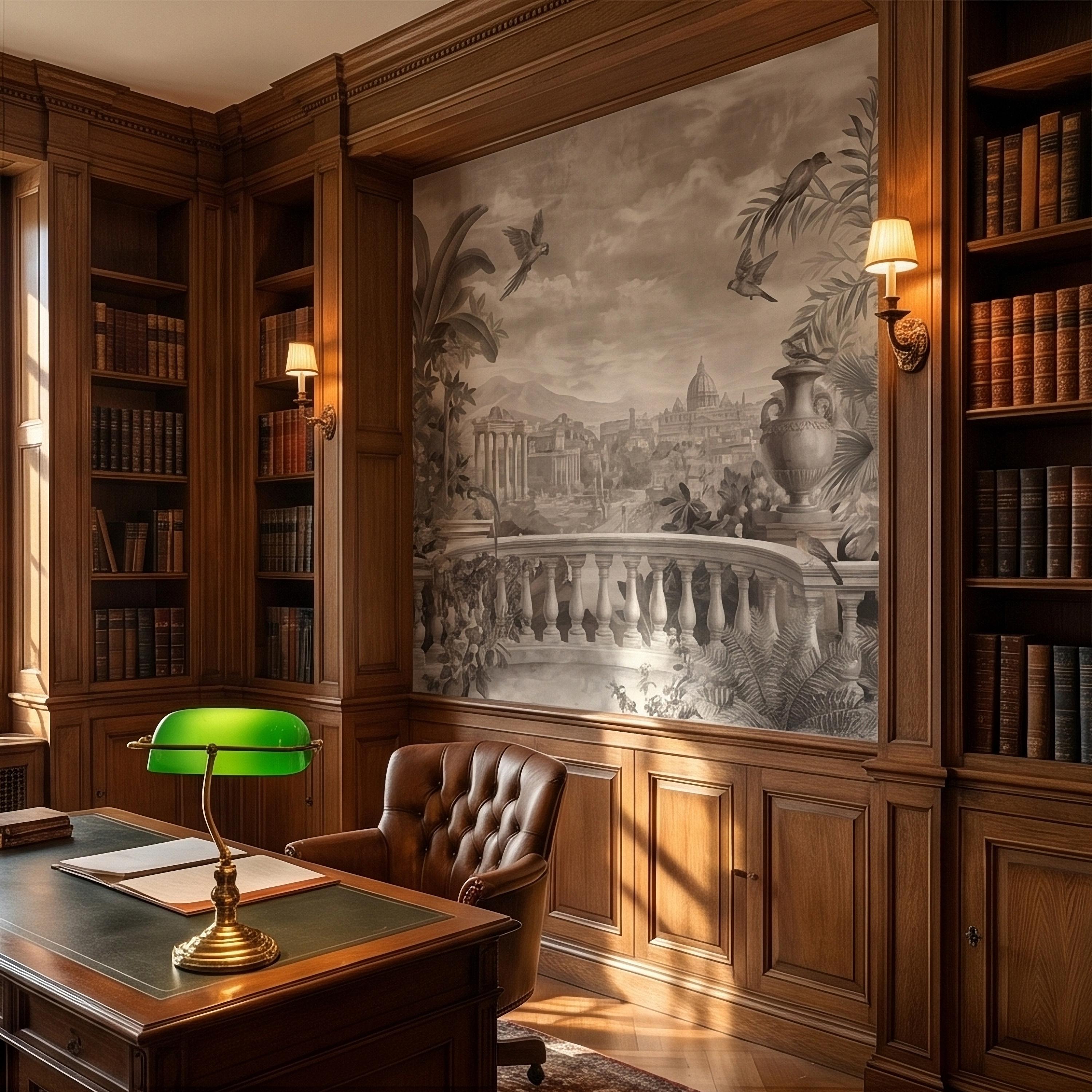 Vintage Rome Balcony Panoramic Landscape Peel and Stick Wall Mural, Sepia Tropical Garden Birds Classical Cityscape, Neutral Toile Wallpaper