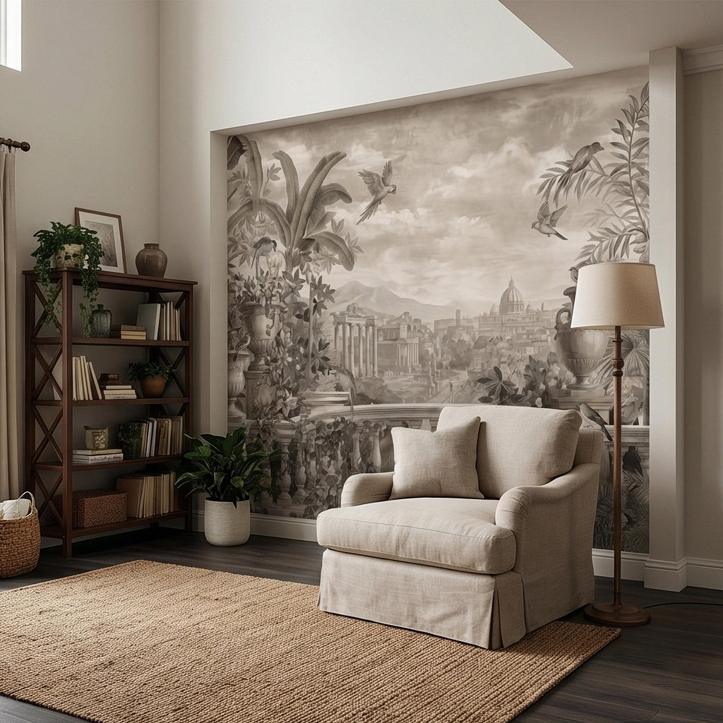 Vintage Rome Balcony Panoramic Landscape Peel and Stick Wall Mural, Sepia Tropical Garden Birds Classical Cityscape, Neutral Toile Wallpaper