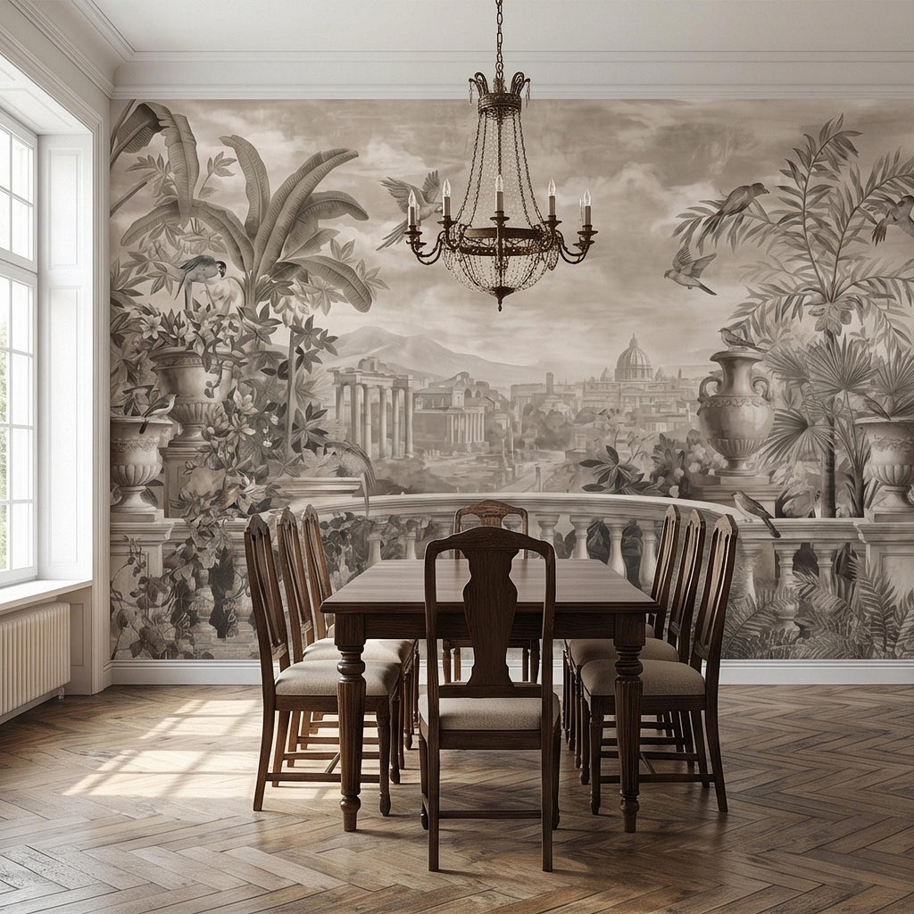 Vintage Rome Balcony Panoramic Landscape Peel and Stick Wall Mural, Sepia Tropical Garden Birds Classical Cityscape, Neutral Toile Wallpaper