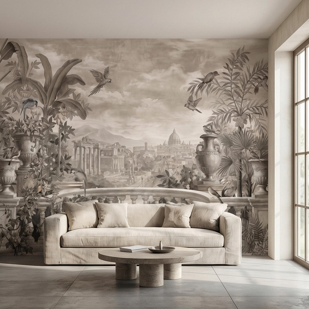 Vintage Rome Balcony Panoramic Landscape Peel and Stick Wall Mural, Sepia Tropical Garden Birds Classical Cityscape, Neutral Toile Wallpaper