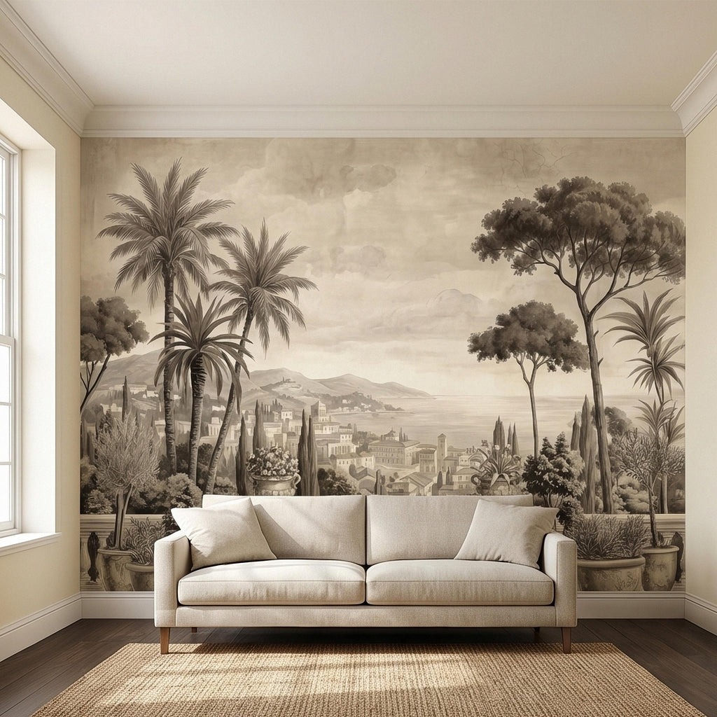Vintage Mediterranean Coastal Villa View Peel and Stick Wall Mural, Sepia Palm Trees Terrace Balcony Italian Riviera Landscape Wallpaper